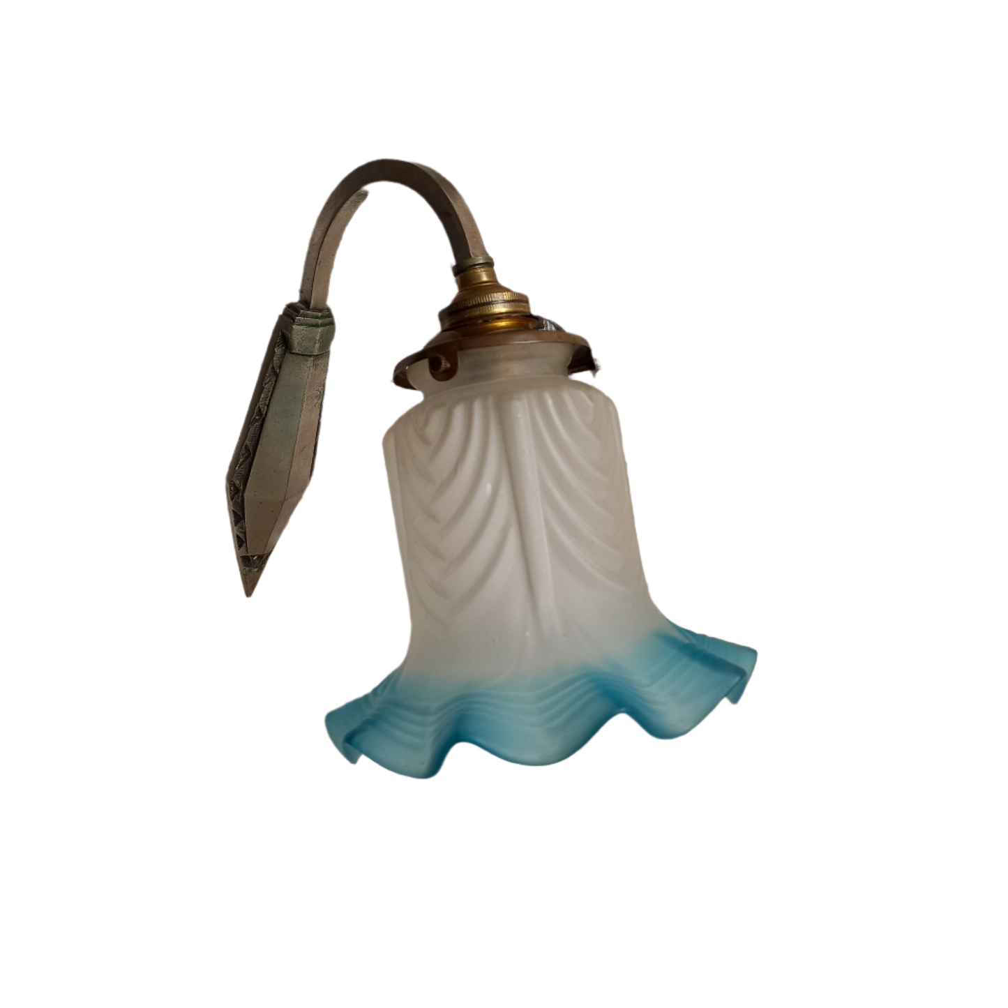 Applique murale ancienne avec abat-jour tulipe en verre dépoli blanc et bleu