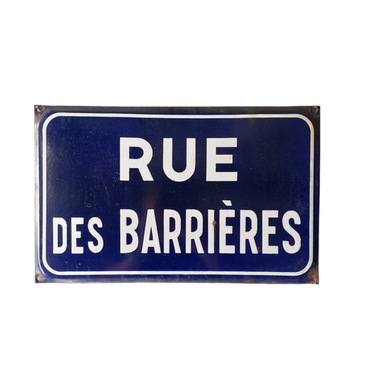 Original and very collectible, a French street name sign, 'Rue des Barrières' sauced at an antique market in south west France. These old dark blue (it's a darker blue than it appears in my photos) street signs with white text look super as pieces of home decor in French country home/shabby chic inspired interiors, man caves, commercial premises, industrial loft apartments, and many other locations.
