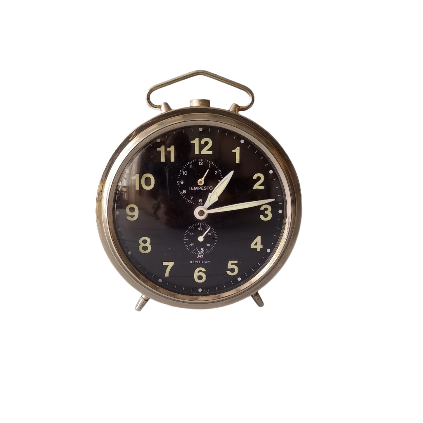 A large French vintage alarm clock by premier clock manufacturer Jaz. In good working condition including the alarm. This mechanical clock gives a pleasing ticking sound that varies in speed sometimes. Circa. 1970s.