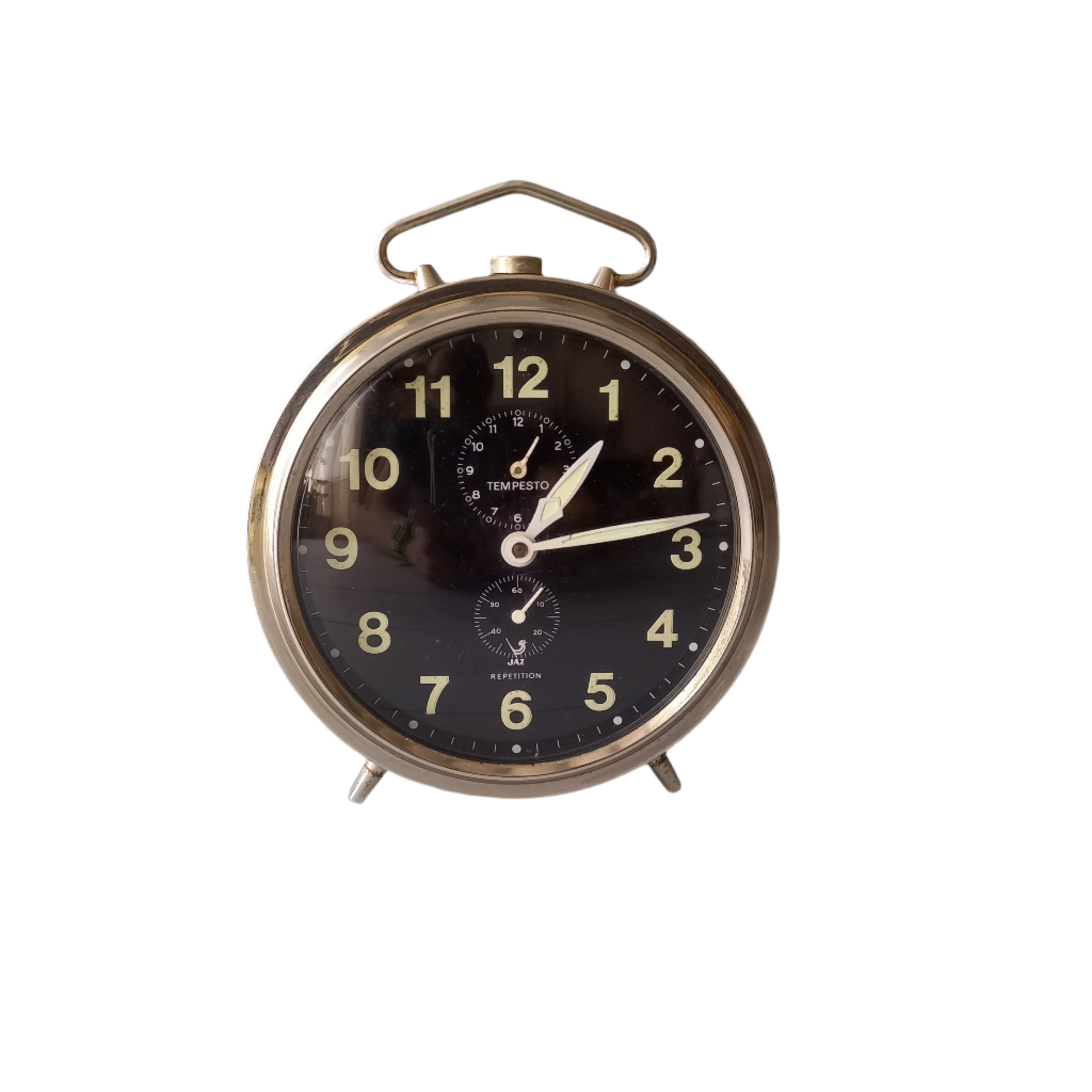 A large French vintage alarm clock by premier clock manufacturer Jaz. In good working condition including the alarm. This mechanical clock gives a pleasing ticking sound that varies in speed sometimes. Circa. 1970s.