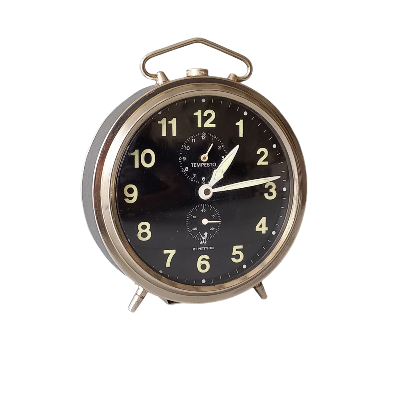 A large French vintage alarm clock by premier clock manufacturer Jaz. In good working condition including the alarm. This mechanical clock gives a pleasing ticking sound that varies in speed sometimes. Circa. 1970s.