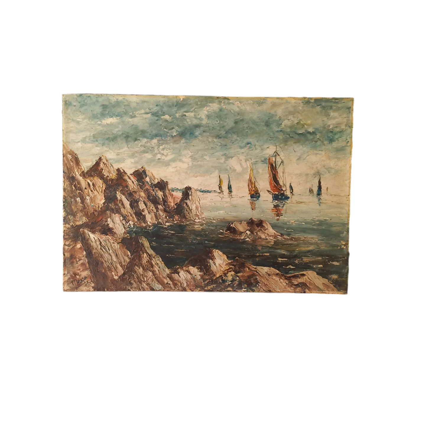 Peinture à l'huile vintage française de voiliers en mer