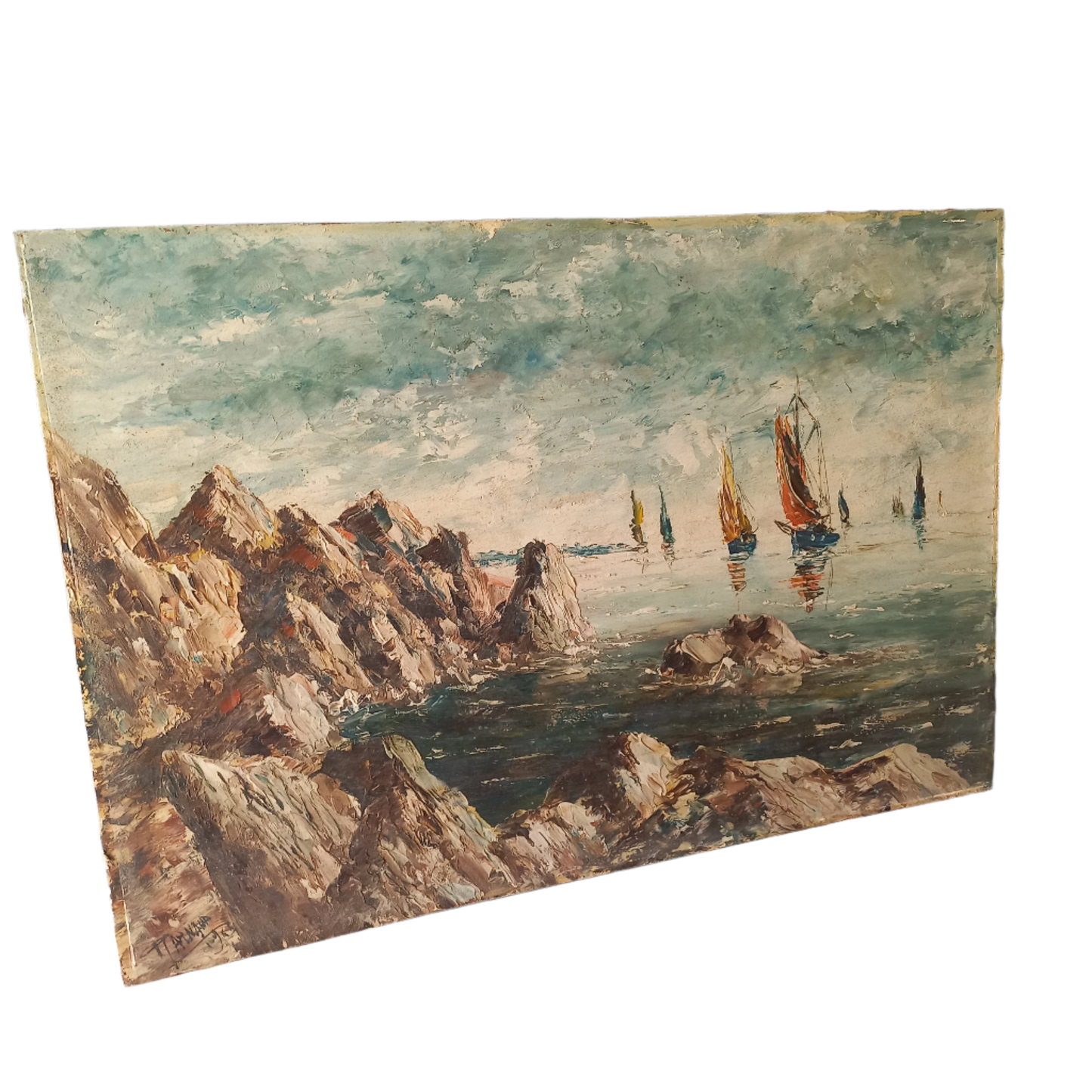 A beautiful piece of original French art depicting sailing boats on a rocky coastline. The painting is wonderfully done in a 'painterly' fashion with thick, vibrant oil paint strokes on hardboard. It has been signed and dated by the artist.
