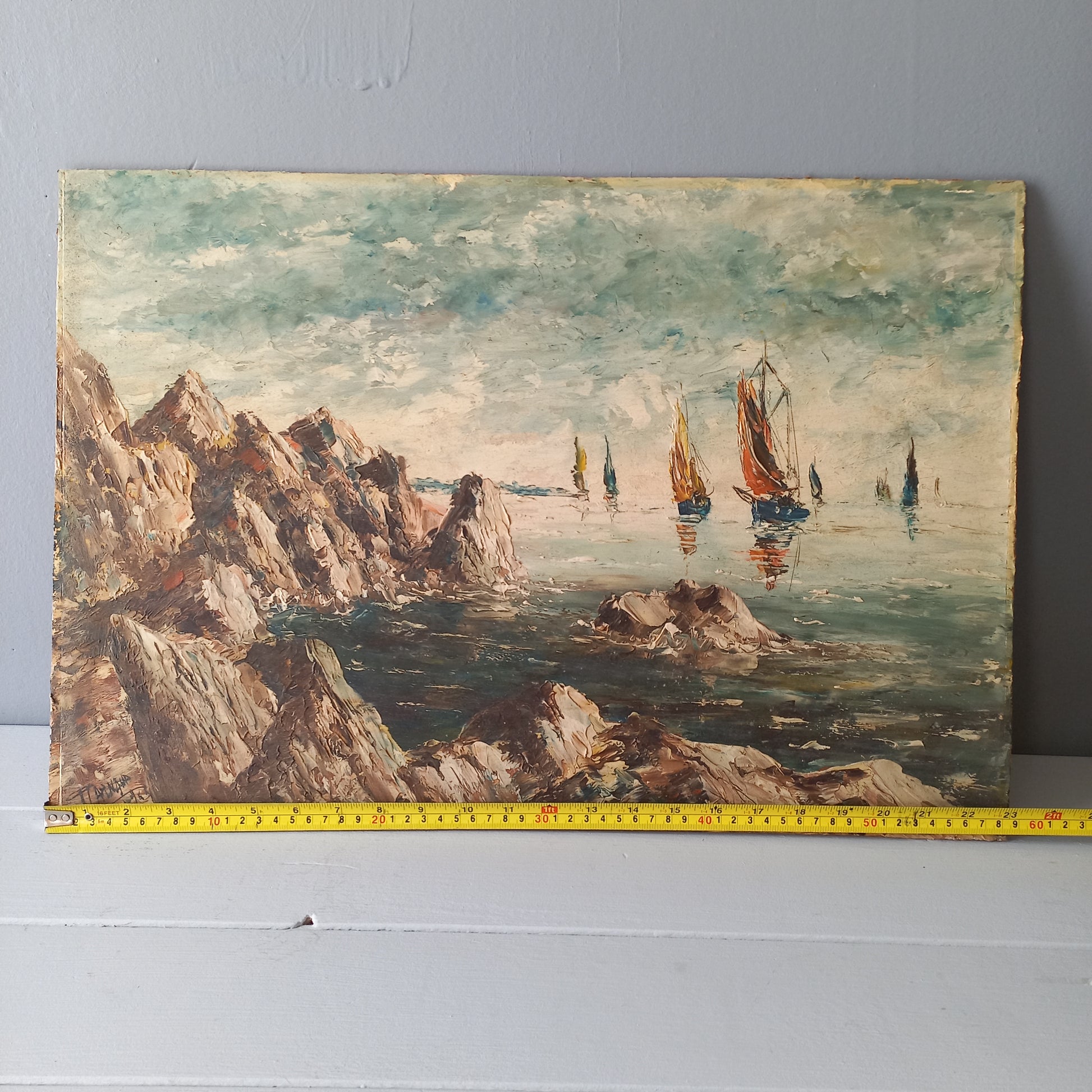 A beautiful piece of original French art depicting sailing boats on a rocky coastline. The painting is wonderfully done in a 'painterly' fashion with thick, vibrant oil paint strokes on hardboard. It has been signed and dated by the artist.