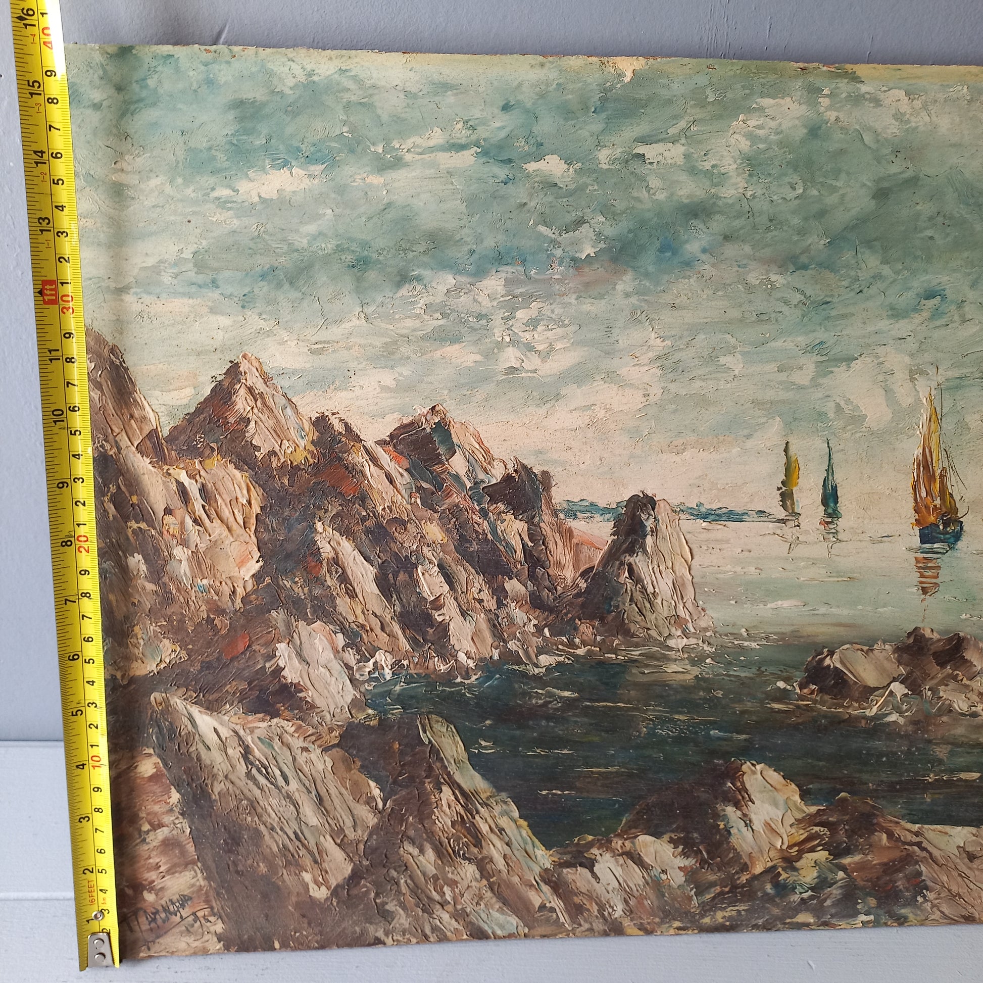 A beautiful piece of original French art depicting sailing boats on a rocky coastline. The painting is wonderfully done in a 'painterly' fashion with thick, vibrant oil paint strokes on hardboard. It has been signed and dated by the artist.