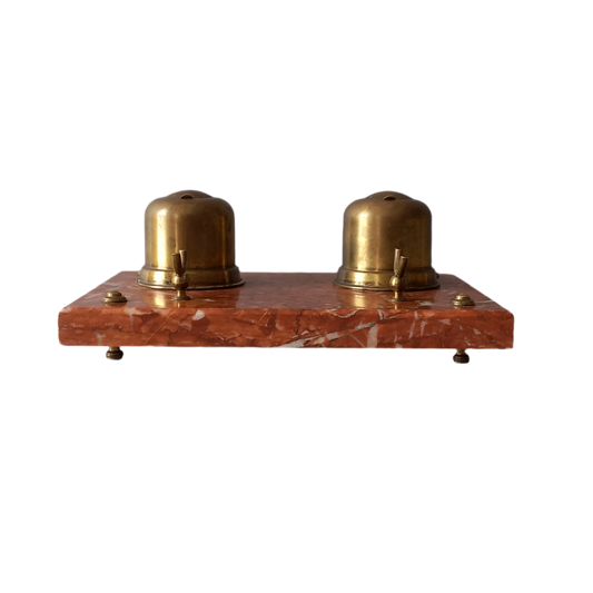 Encrier et repose-plume double en laiton vintage avec base en marbre, décor de bureau art déco français