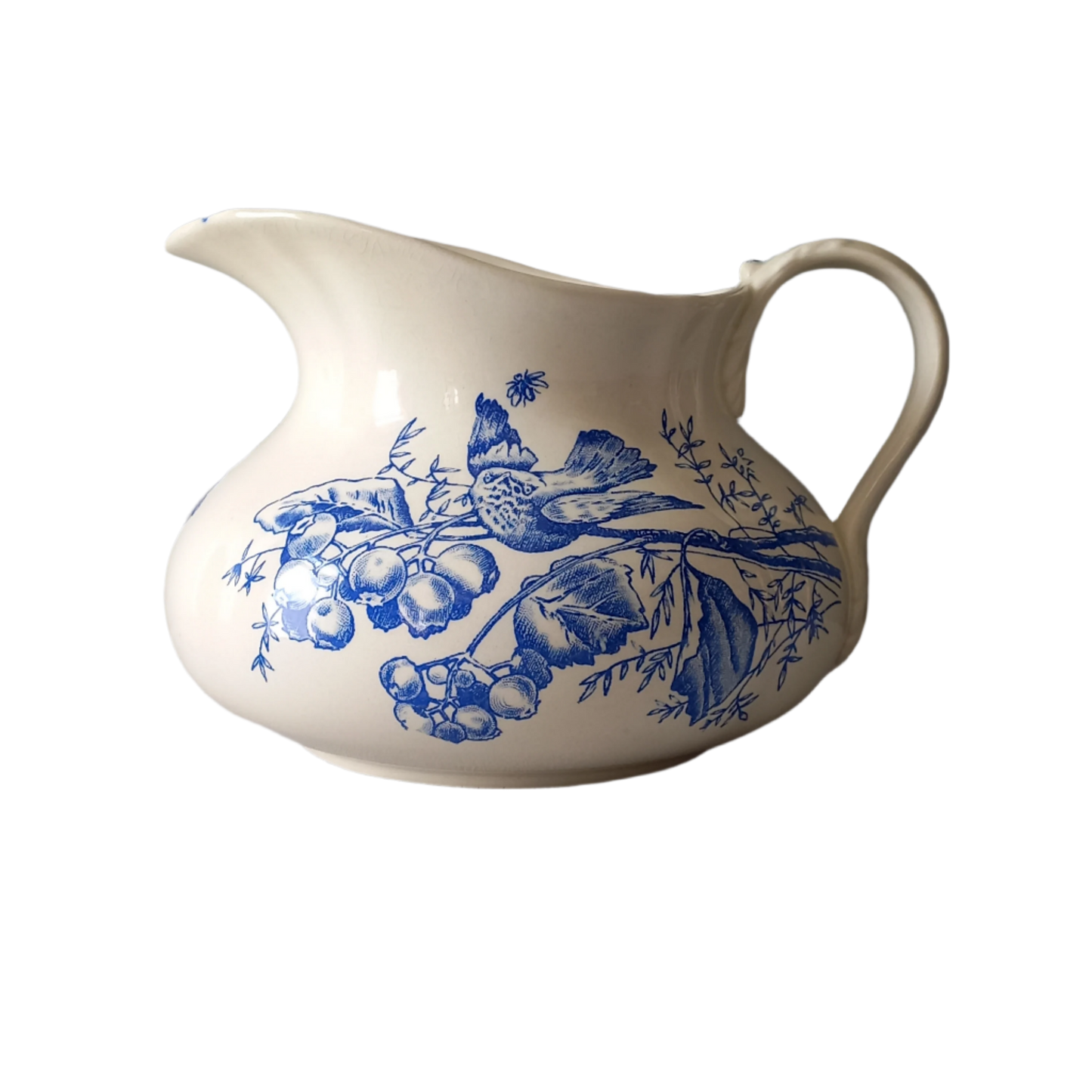 Pichet/cruche antique en terre de fer, pichet blanc avec motif de transfert d'oiseau bleu et de fleurs, décoration de salle de bain et de cuisine