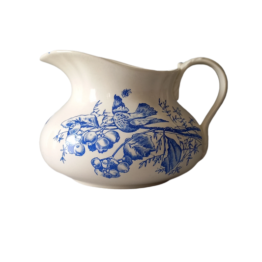 Pichet/cruche antique en terre de fer, pichet blanc avec motif de transfert d'oiseau bleu et de fleurs, décoration de salle de bain et de cuisine