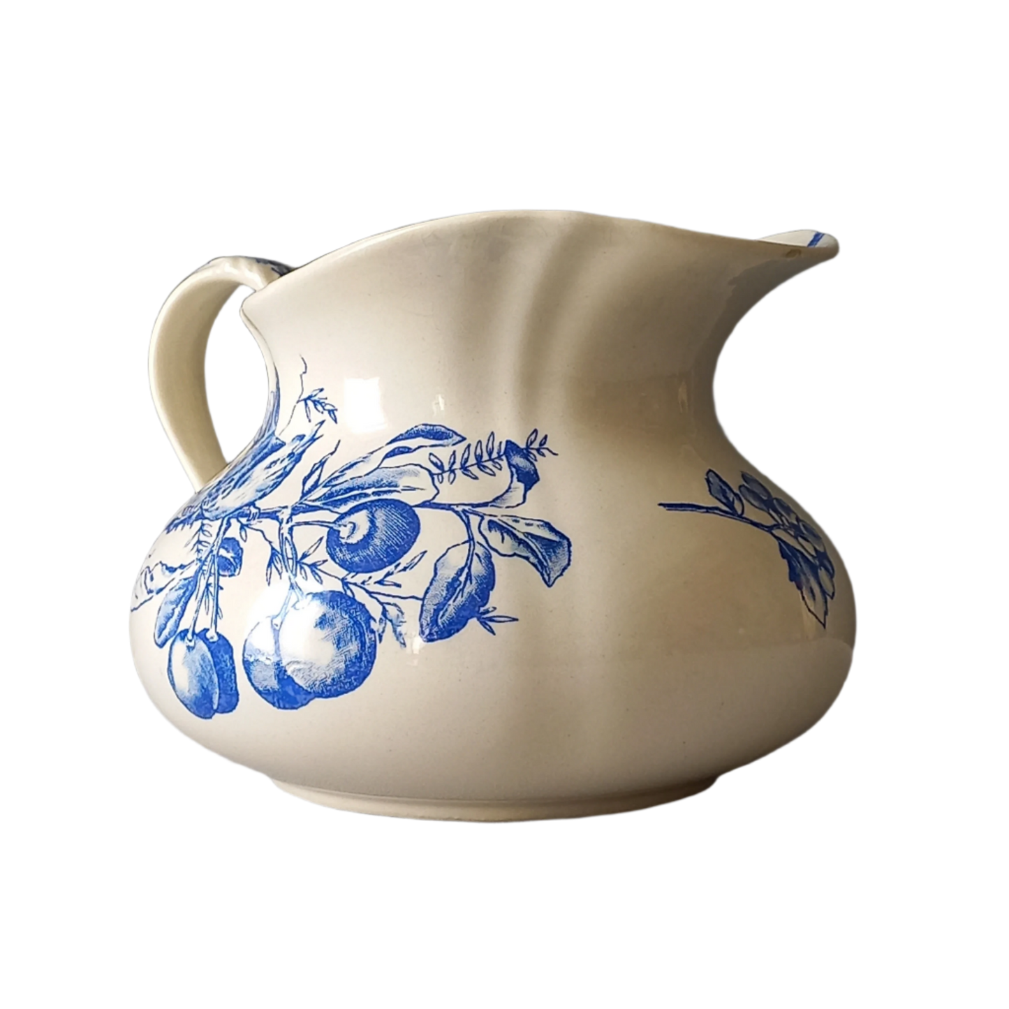 Pichet/cruche antique en terre de fer, pichet blanc avec motif de transfert d'oiseau bleu et de fleurs, décoration de salle de bain et de cuisine