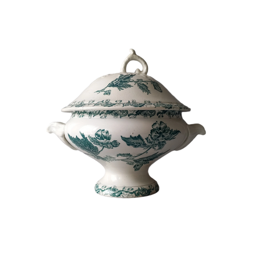 A delightful small-sized antique ironstone soup tureen by French manufacturer, St. Amand. This tureen is adorned with a beautiful teal coloured floral transferware pattern and has a splendid little handle on the lid. In summary, an elegant piece with just enough patina of age to give it character.
