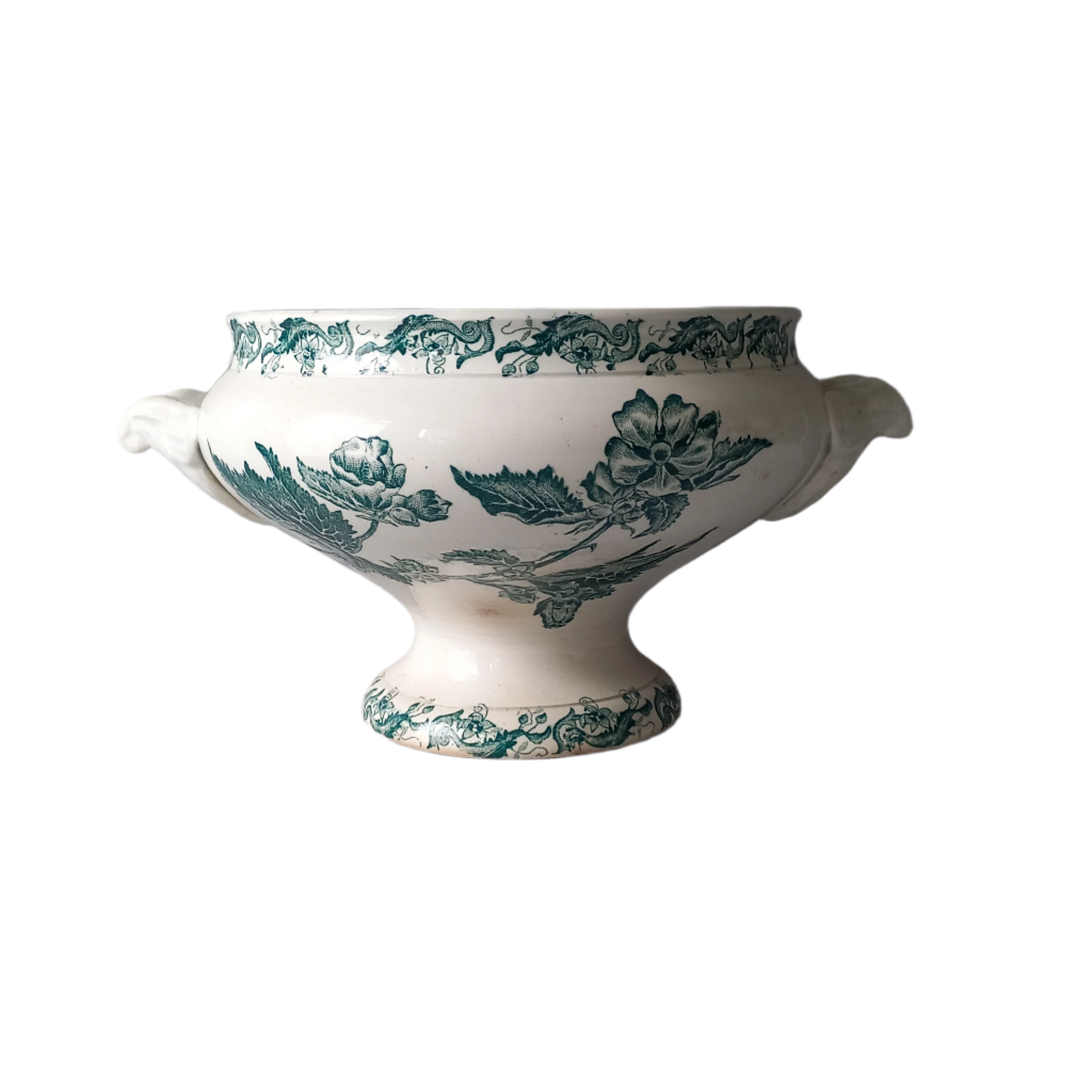A delightful small-sized antique ironstone soup tureen by French manufacturer, St. Amand. This tureen is adorned with a beautiful teal coloured floral transferware pattern and has a splendid little handle on the lid. In summary, an elegant piece with just enough patina of age to give it character.