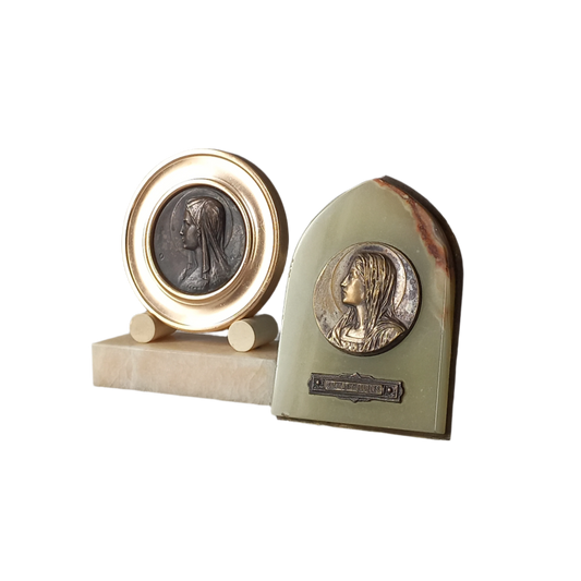 Pair French vintage religious souvenirs, Virgin Mary medals, decorative French vintage religious desk ornaments