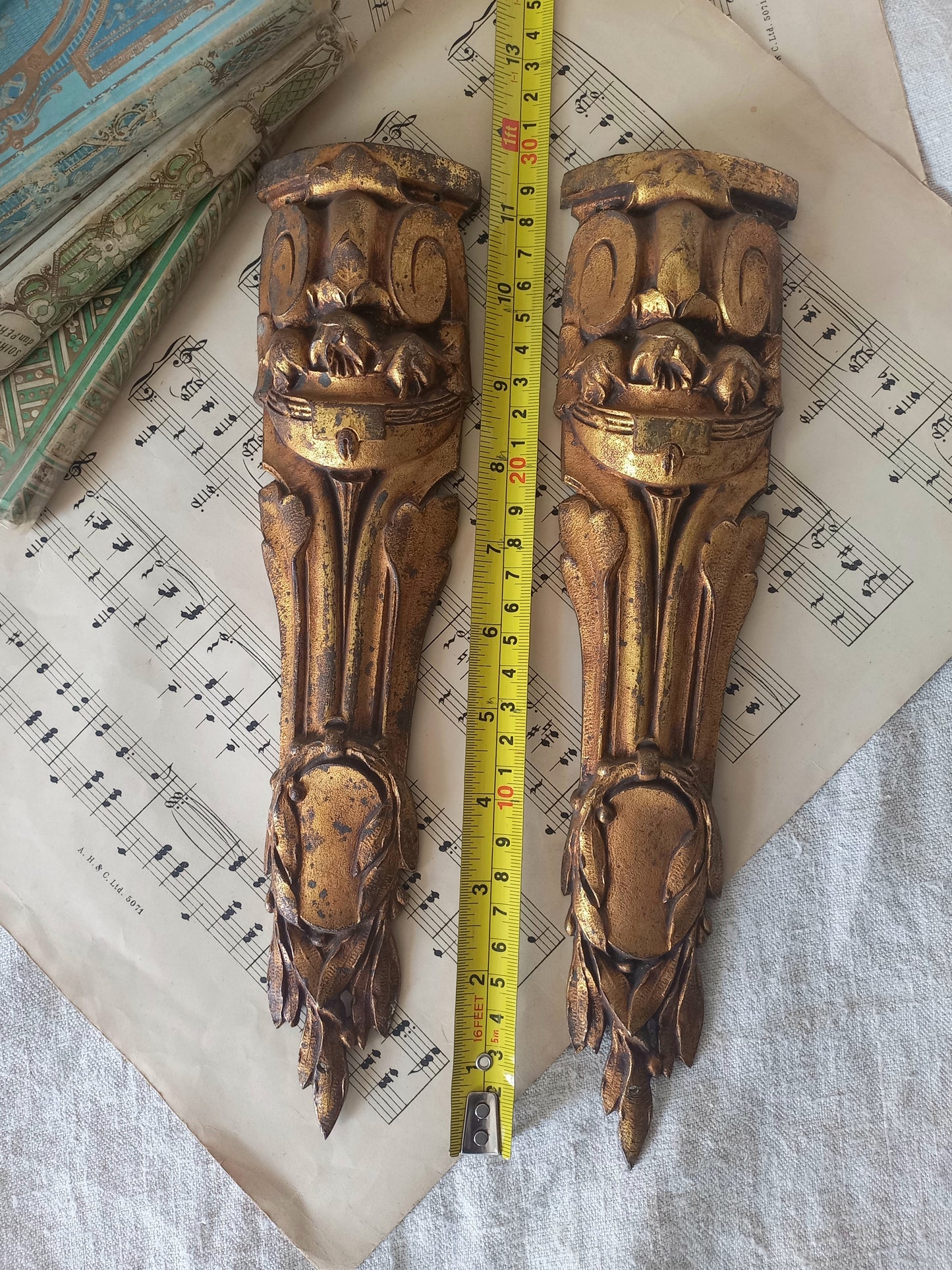 A stunning pair of French antique furniture decorations/ornaments - these salvaged hardware pieces are highly decorative in detail and eye-catching with their wonderful time-worn bronze finishes.