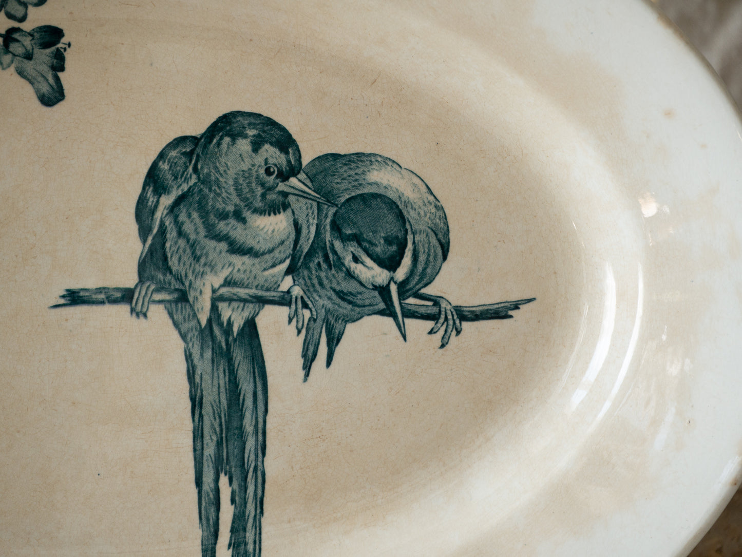 An absolutely stunning large French antique oval ironstone serving plate in a delightful time-worn creamy white with blue transferware pattern depicting two cute birds and flowers.