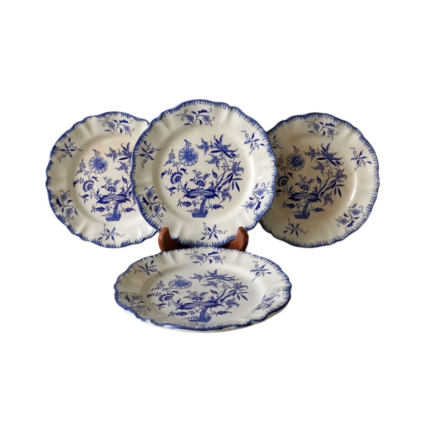 Antique ironstone white plates with blue floral patterns from France