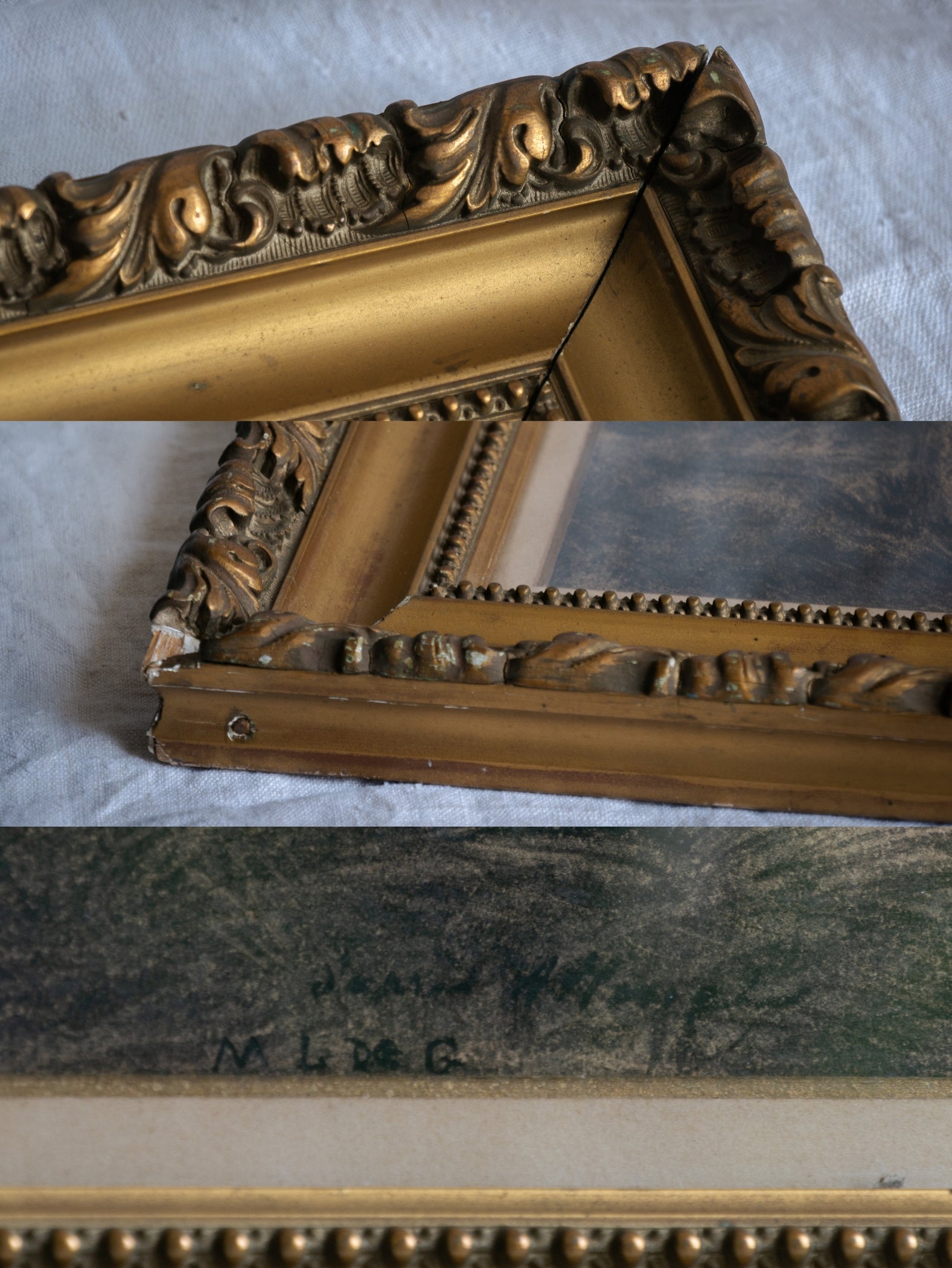 Decorative gold frame with intricate designs on a textured surface