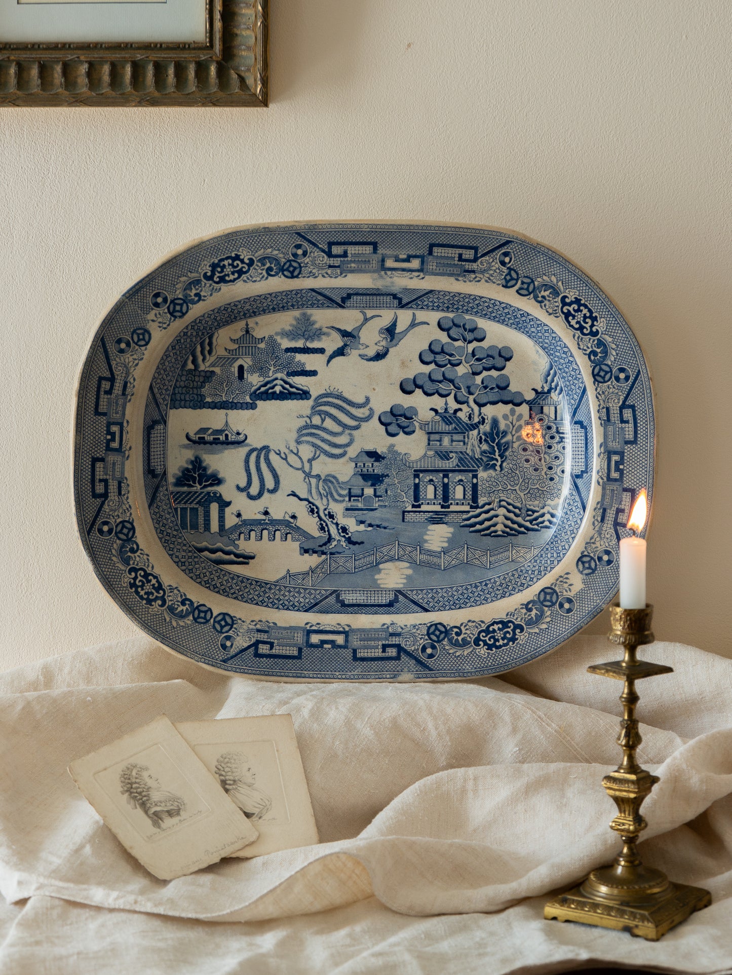 LARGE antique ironstone meat plate marked Staffordshire, blue and white willow ware