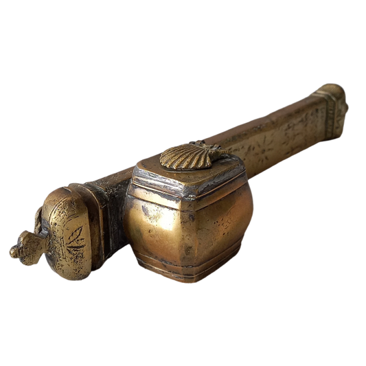 Encrier et étui à plumes en laiton antique, encrier de voyage français et rangement pour plumes