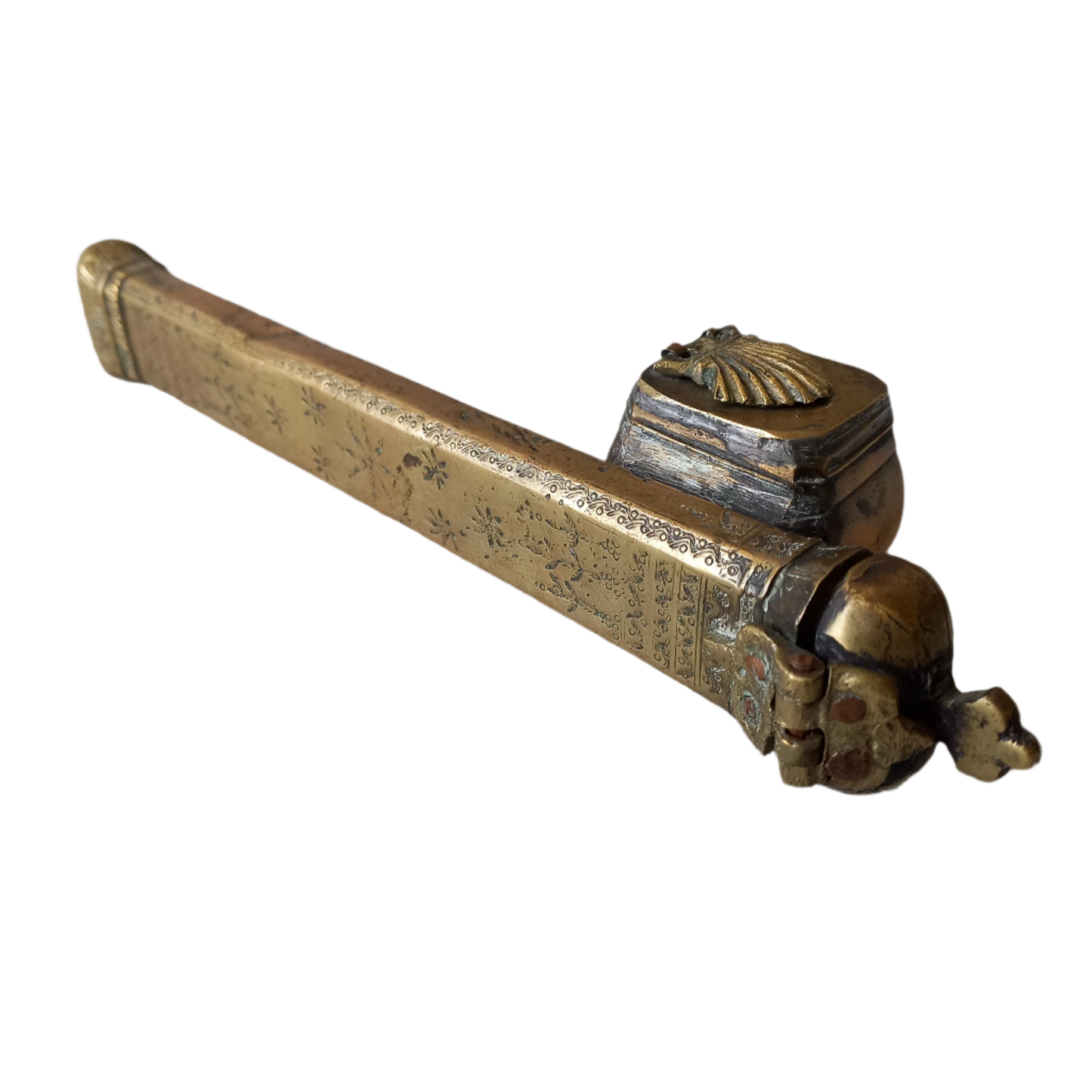 Encrier et étui à plumes en laiton antique, encrier de voyage français et rangement pour plumes