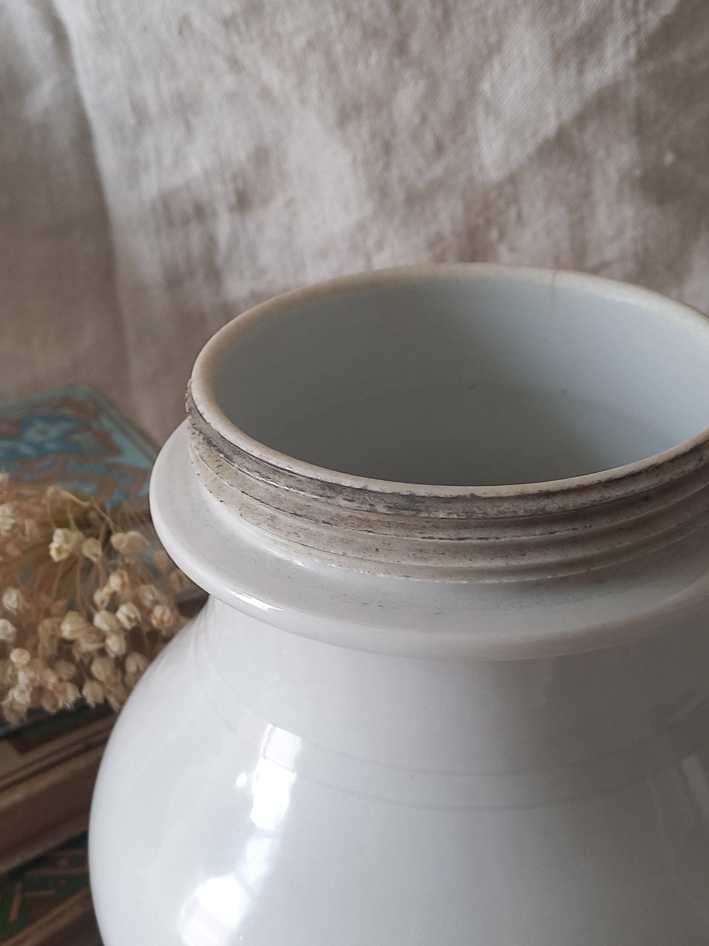 French Antique White Porcelain Broth Pot with Pewter Lid