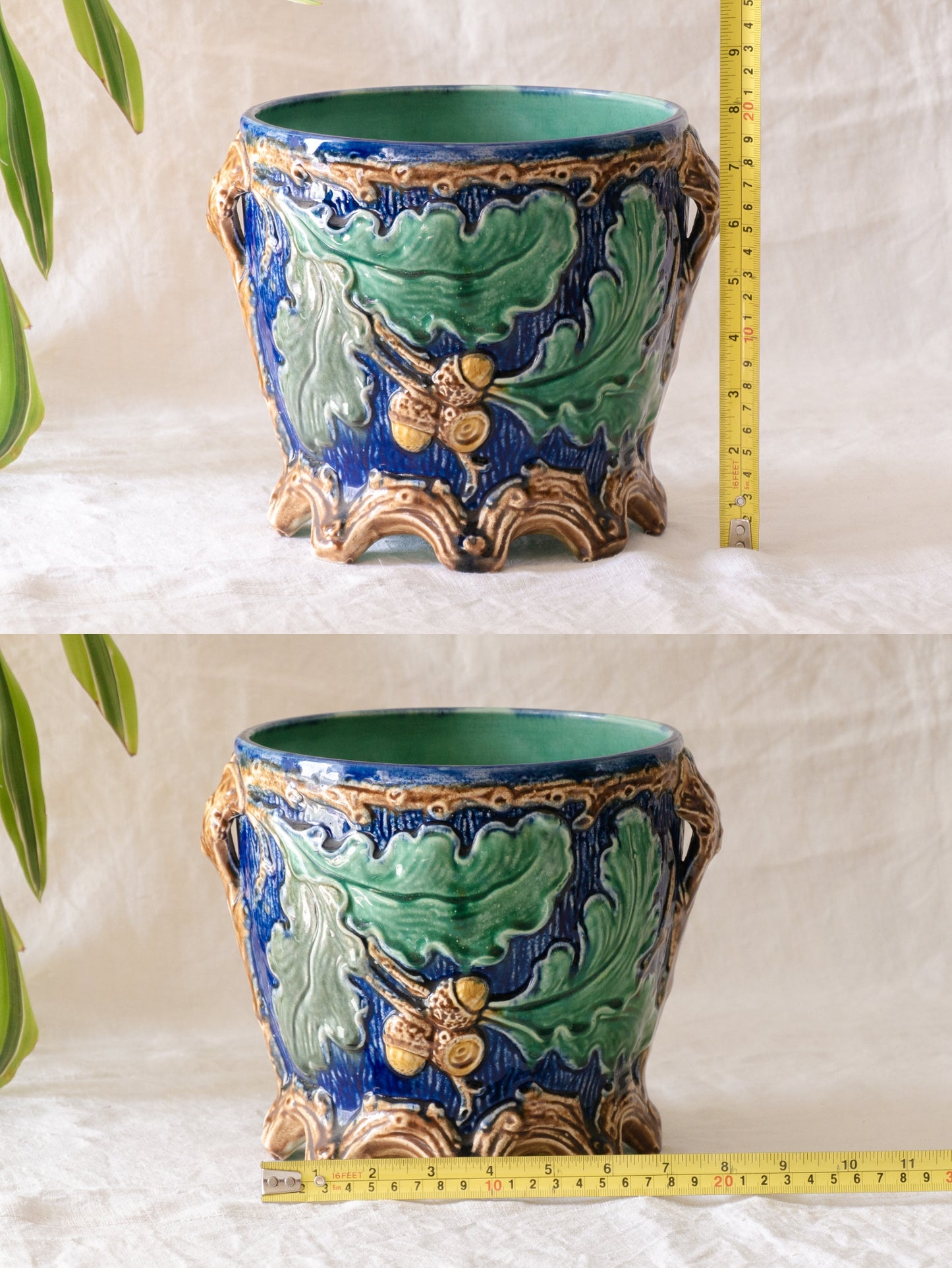 A stunning pair of French antique majolica planters, absolutely glorious fresh blue and green colours with oak leafs and acorns in relief making these stunning pieces of interior home decor wherever you decide to display them.
One of the planters has an antique repair in the form of metal staples that have been expertly done from the inside - in the 1800s and early 1900s this was quite a common repair to have made on items of high value and we feel it only adds to the authenticity/story of these pieces.