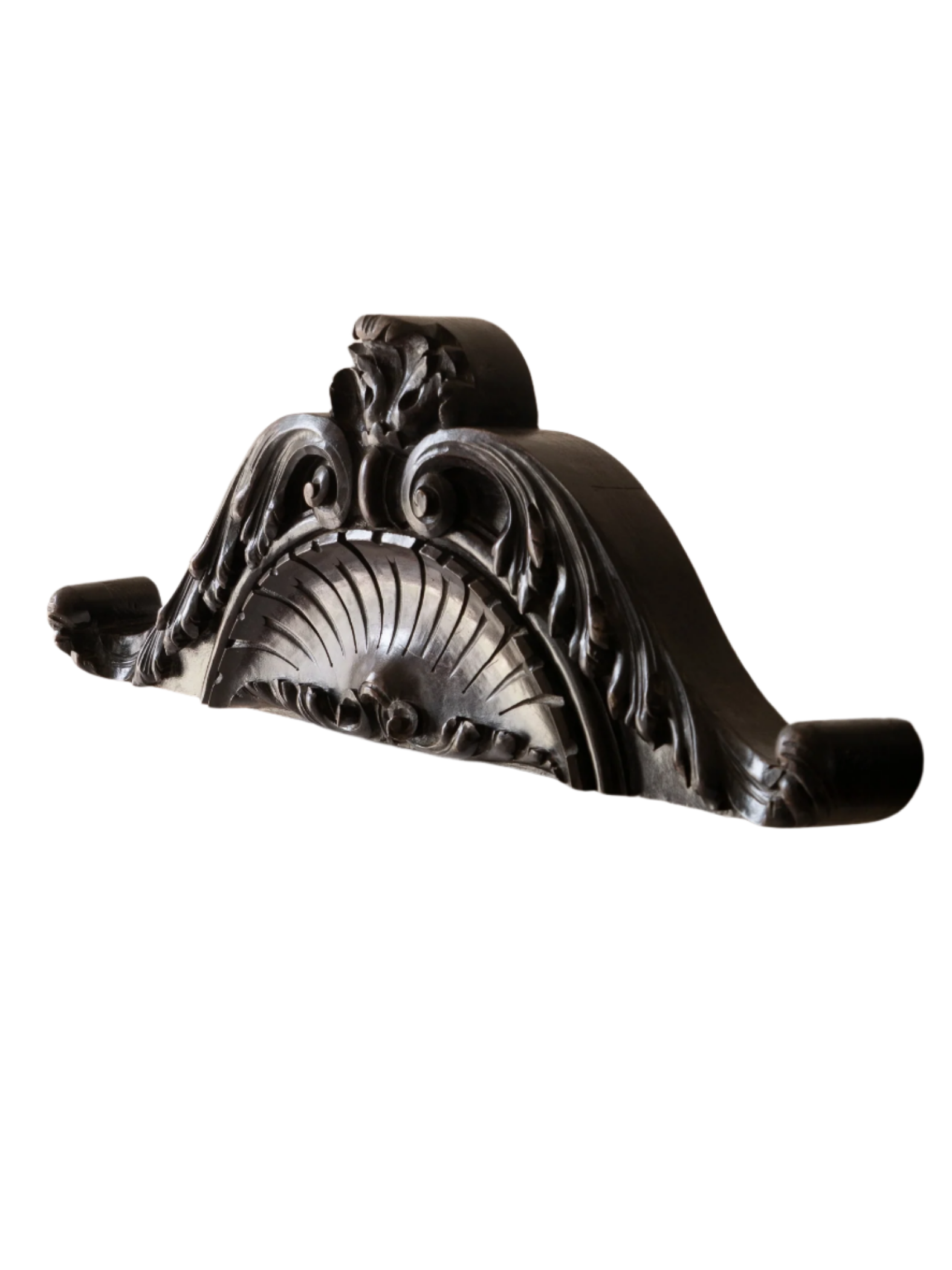 A stunning French antique carved dark wooden furniture pediment highly decorative and expertly crafted by a carpenter - this is a very heavy, quality piece and will look fabulous in any interior.