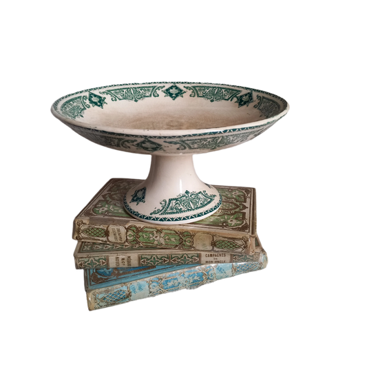 Compotier ou plat à gâteau sur pied en pierre de fer antique français avec motif floral bleu sarcelle, plat à fruits décoratif, plat à gâteaux