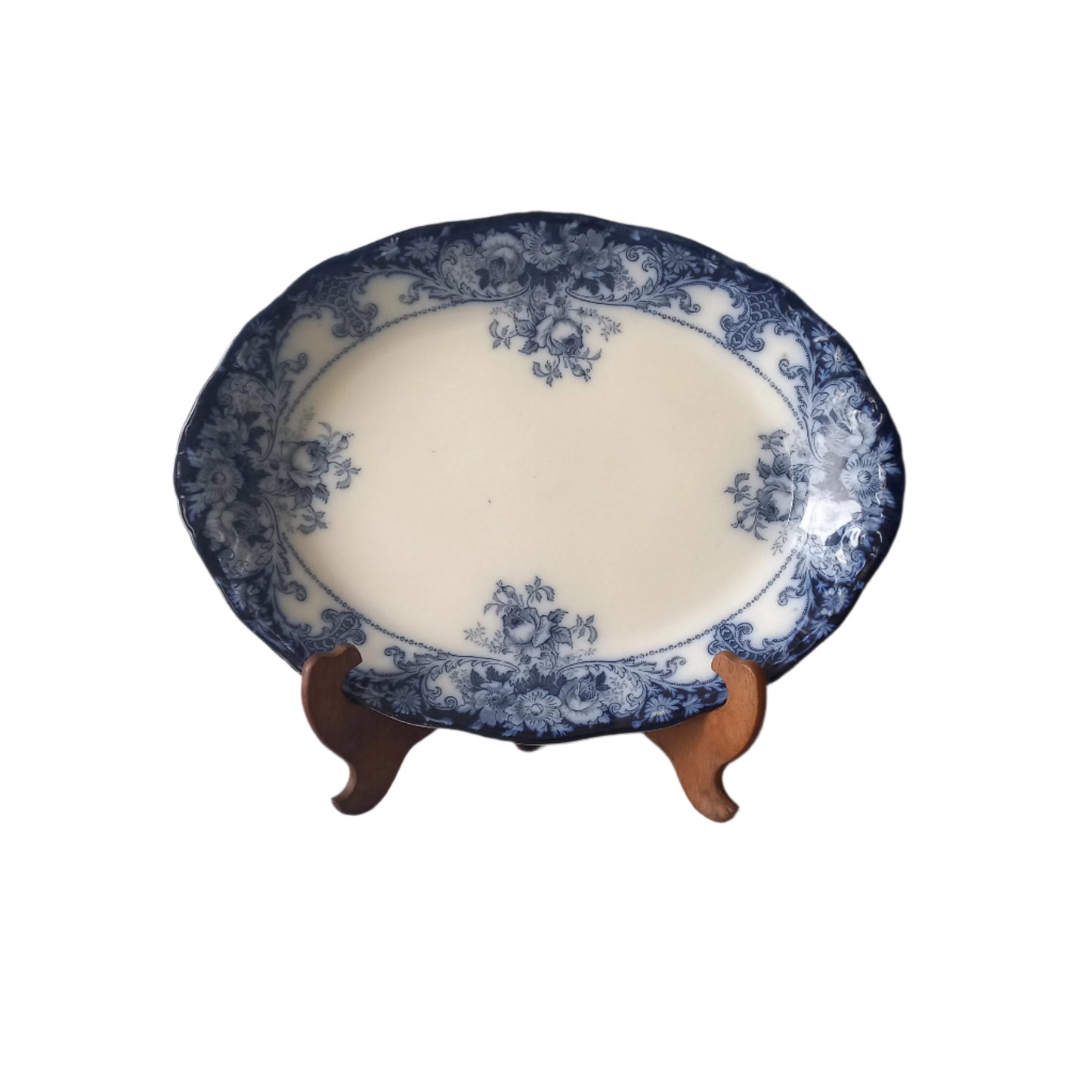 Assiette de service ovale en grès ancien à motif floral bleu, plat de service ancien