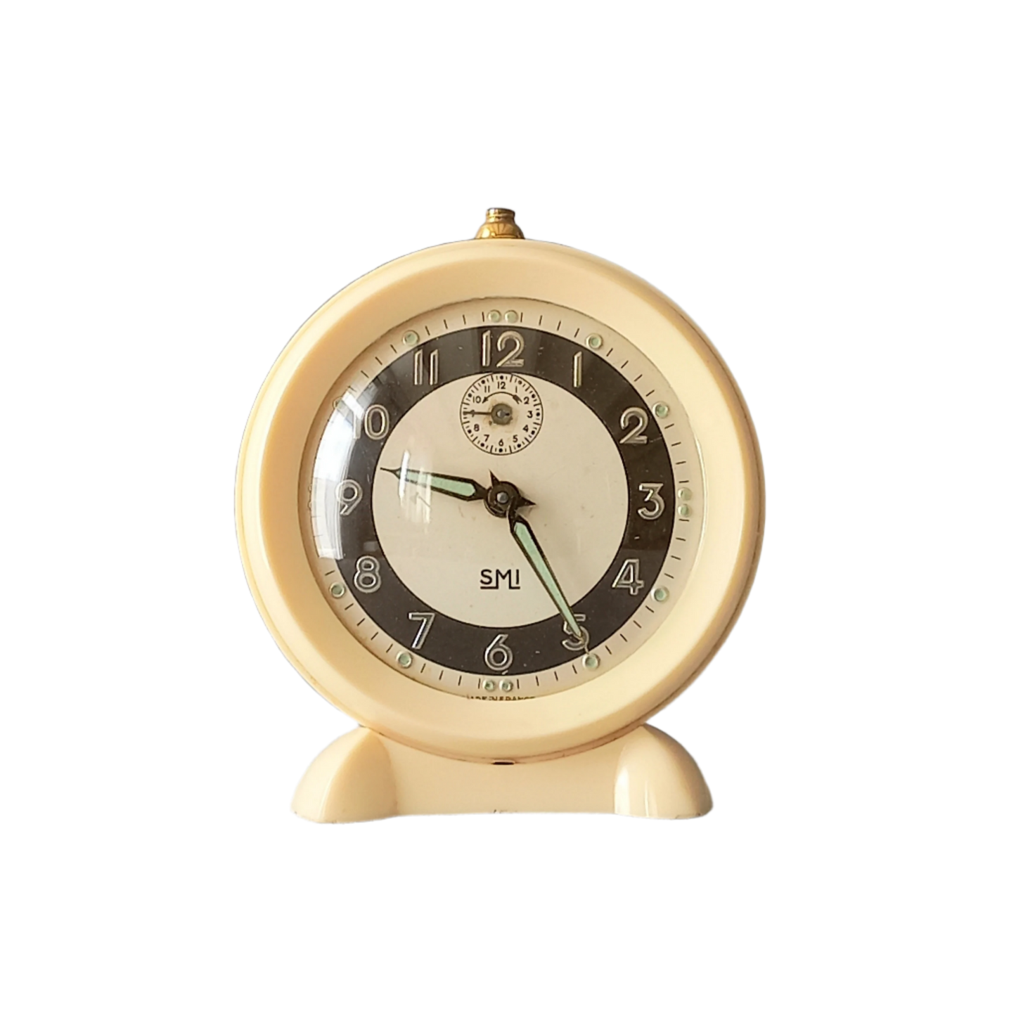 Réveil vintage crème français par SMI, horloge mécanique art déco