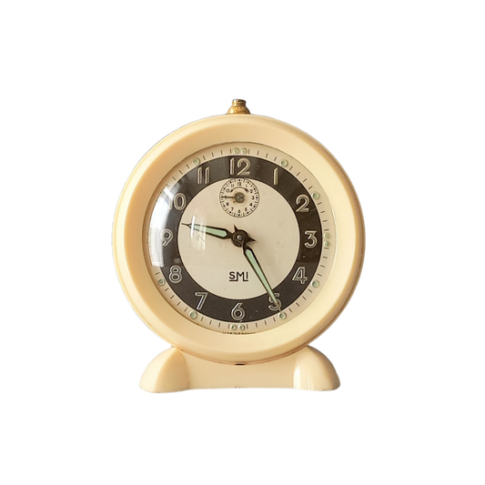Réveil vintage crème français par SMI, horloge mécanique art déco