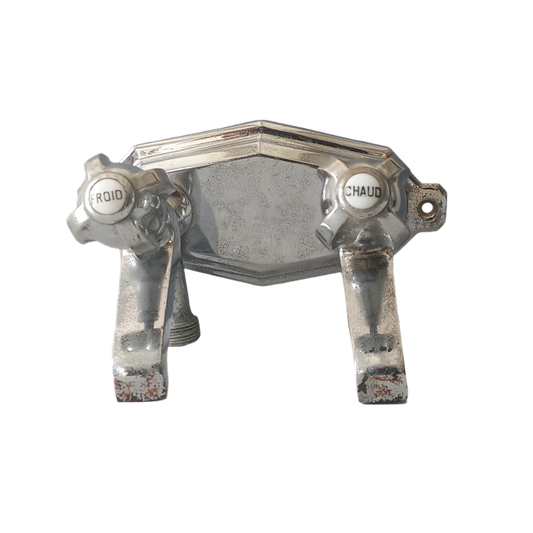Stylish French vintage hot and cold faucet taps that are heavy, quality pieces probably dating from the 1930s time-frame. These old taps are being sold only as a restoration piece or project.
