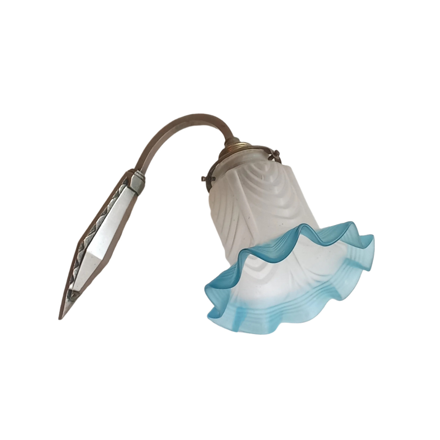 Applique murale ancienne avec abat-jour tulipe en verre dépoli blanc et bleu