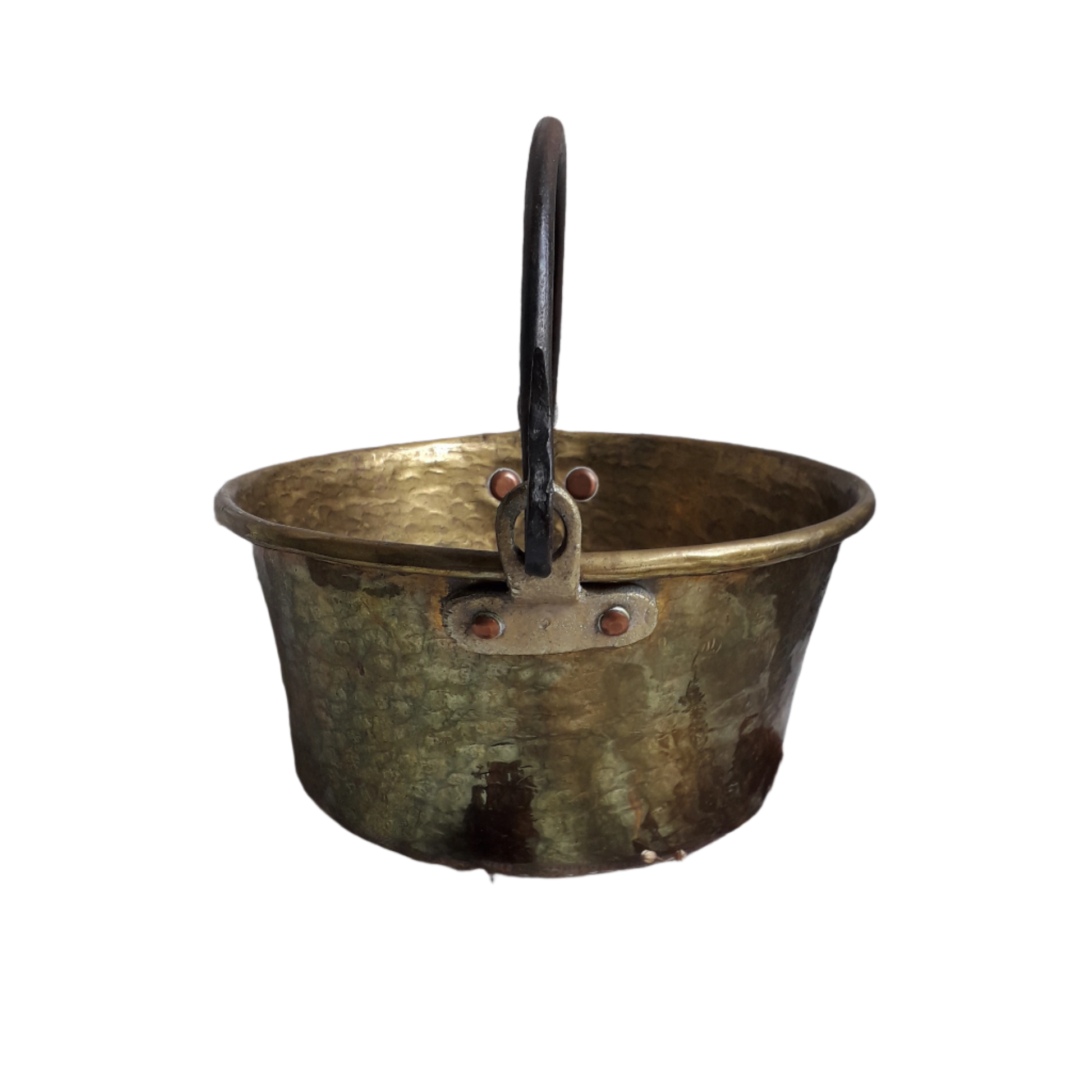 A wonderful little French vintage/antique brass hanging cauldron with an iron handle, a quality piece with substantial weight for its size. This delightful piece was hand-made, the joins beneath clearly visible,which makes it all the more charming. It will make a super piece of home decor or a hanging planter.
