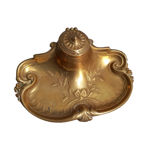 Encrier décoratif vintage en laiton avec gobelet en porcelaine blanche