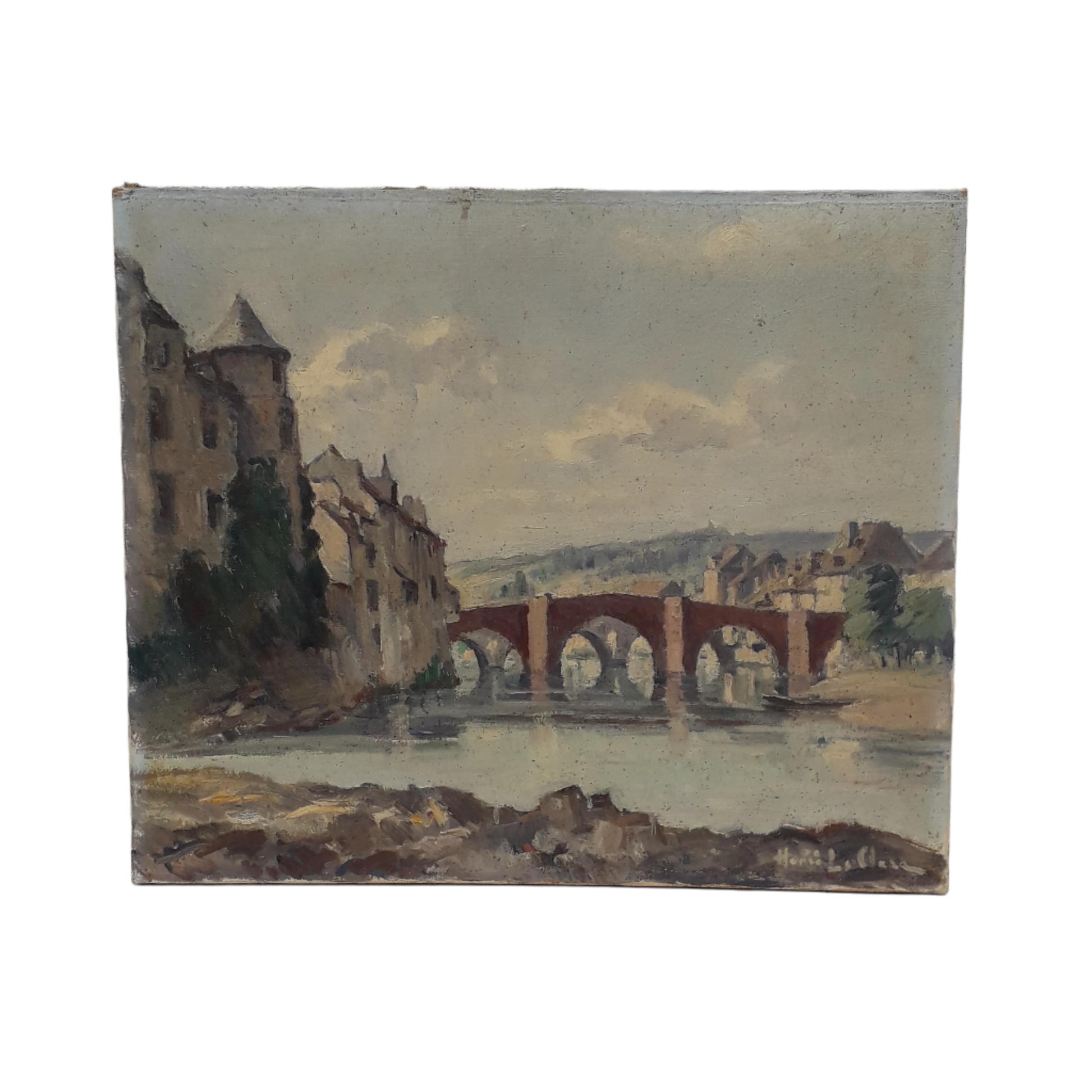 An exciting find and truly fabulous French vintage/antique oil painting depicting the old bridges of Espalion, Aveyron in France. The painting is signed Henri Le Clerc. Stretched canvas on wooden frame; to the rear on the wooden stretcher in very faded pencil is the location - my google search bought up a current view of this scene and little has changed. There is no date, although I guesstimate this painting to have been created in the early to mid 20th century.