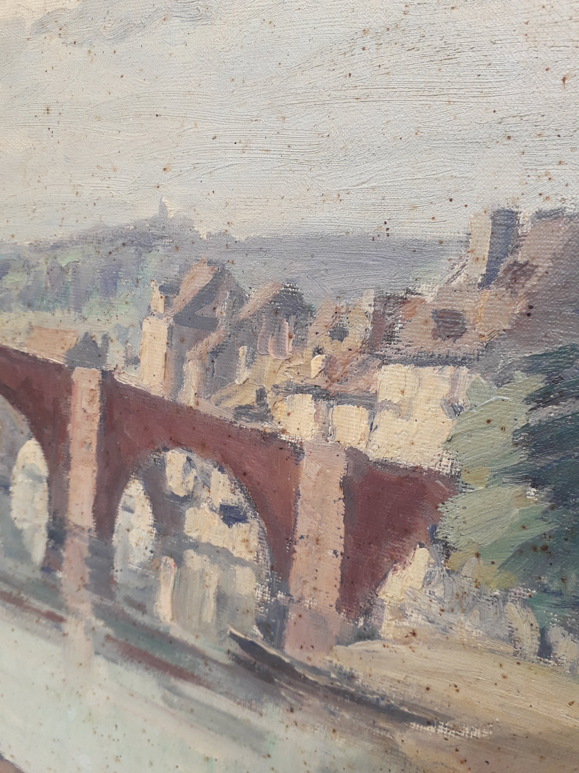 An exciting find and truly fabulous French vintage/antique oil painting depicting the old bridges of Espalion, Aveyron in France. The painting is signed Henri Le Clerc. Stretched canvas on wooden frame; to the rear on the wooden stretcher in very faded pencil is the location - my google search bought up a current view of this scene and little has changed. There is no date, although I guesstimate this painting to have been created in the early to mid 20th century.