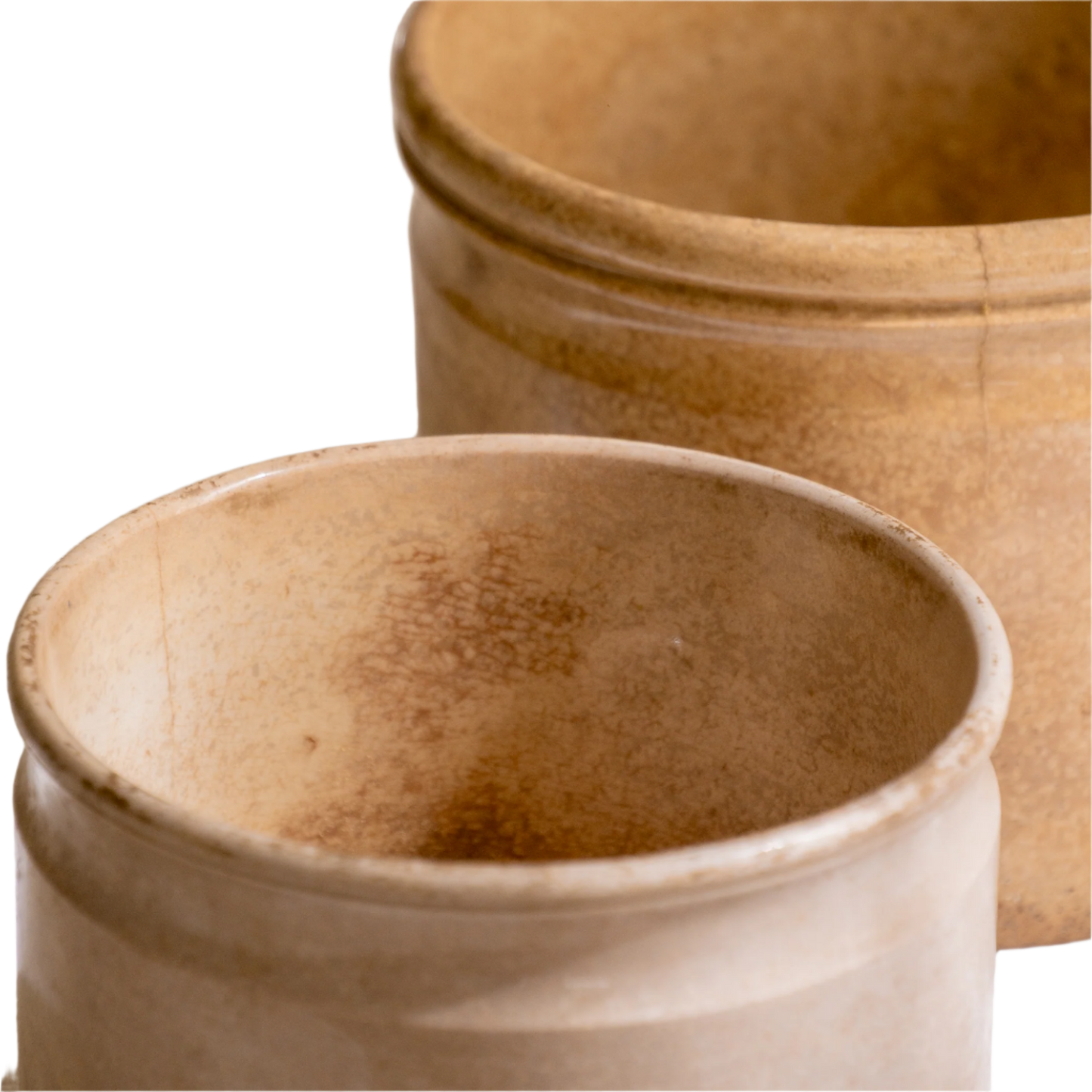 A pair of French antique tea-stained white to creamy brown ironstone crock pots or preserve pots.
In the past these small pots were quintessential pieces in French kitchens for storing jam, etc, and these days are still just as useful for items such as utensils.
Smaller pot was manufactured by Choisy le Roi, circa. late 1800s. The larger pot has no maker's mark - circa. late 1800s/early 1900s.