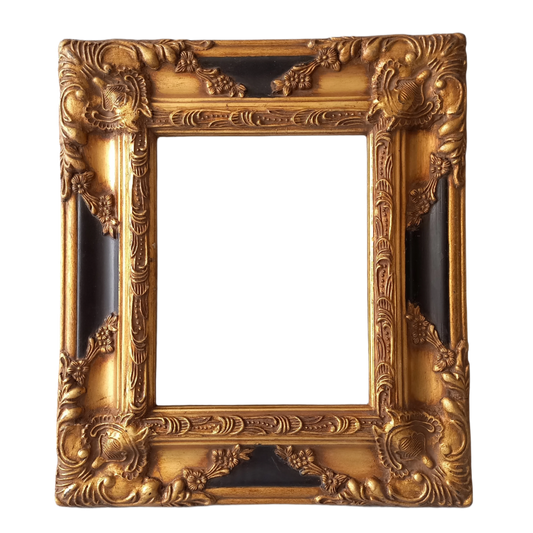 Stunning vintage frame for a painting or photo with ornate decoration in an antique style from France. This frame is a solid and heavy piece, seems to be wooden although we also think there might be some plaster so we are calling it a frame made of mixed materials.