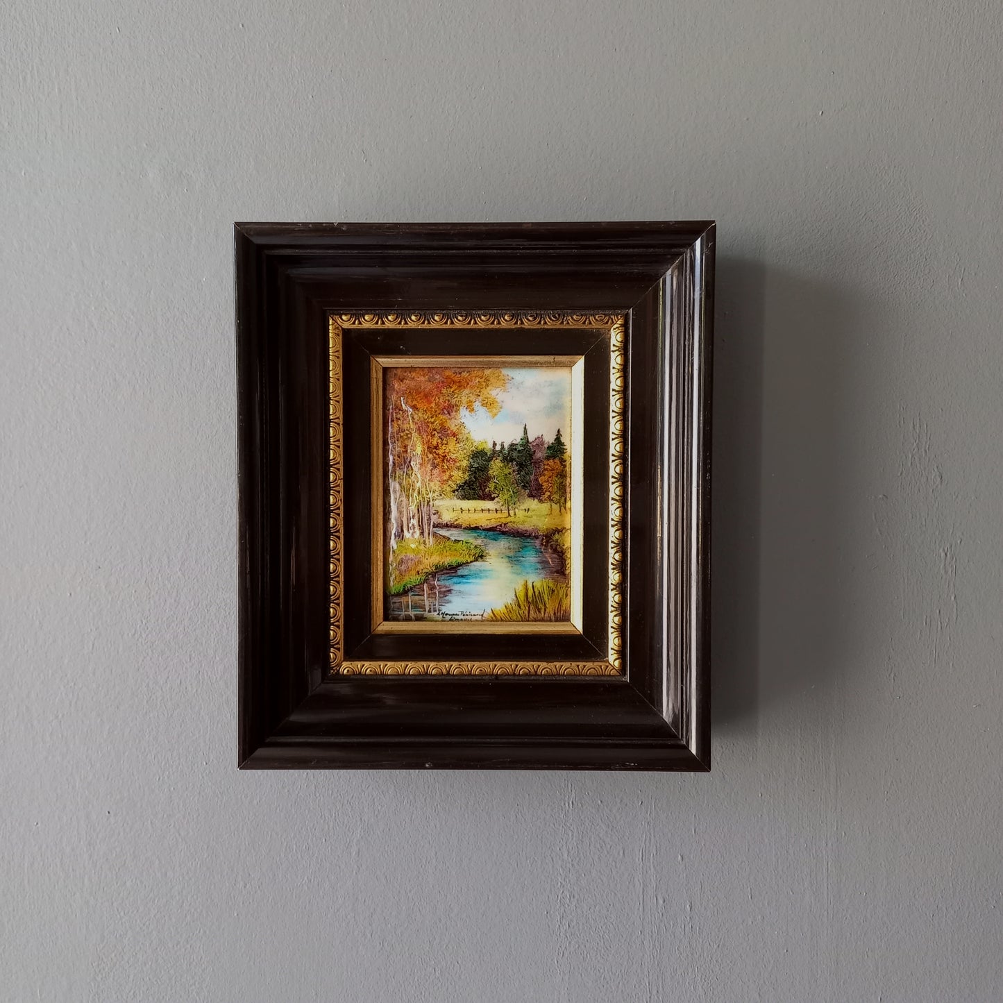 Peinture murale vintage française en émail faite à la main, paysage, signée par l'artiste