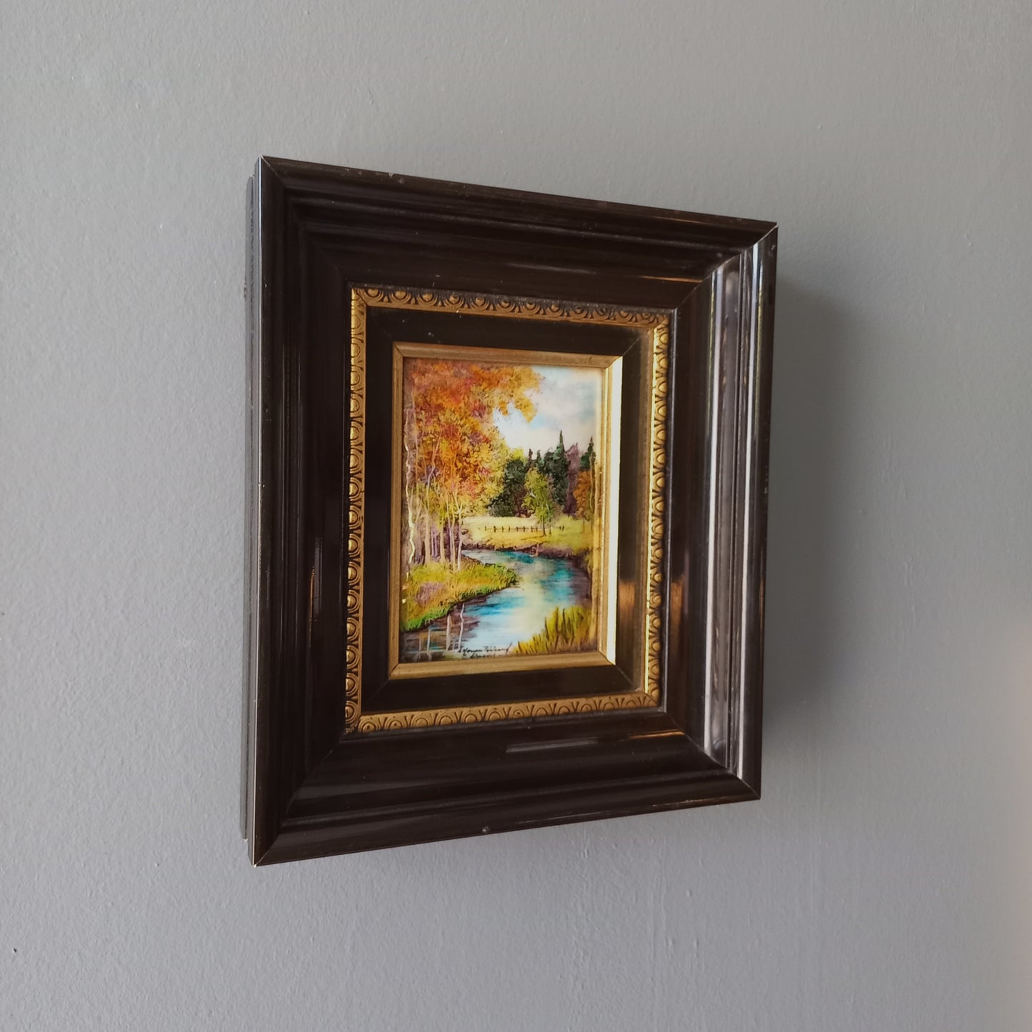 Peinture murale vintage française en émail faite à la main, paysage, signée par l'artiste