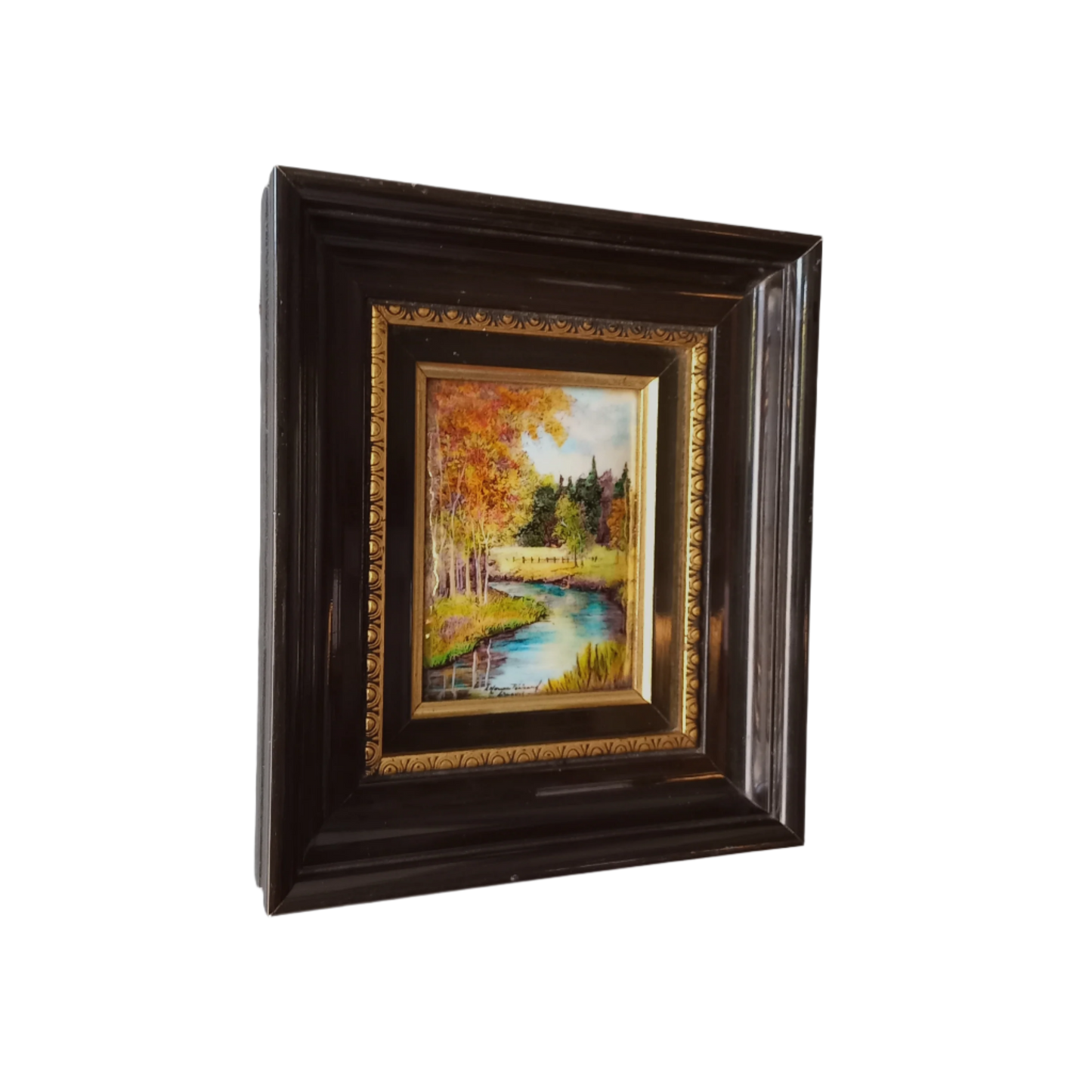 Peinture murale vintage française en émail faite à la main, paysage, signée par l'artiste