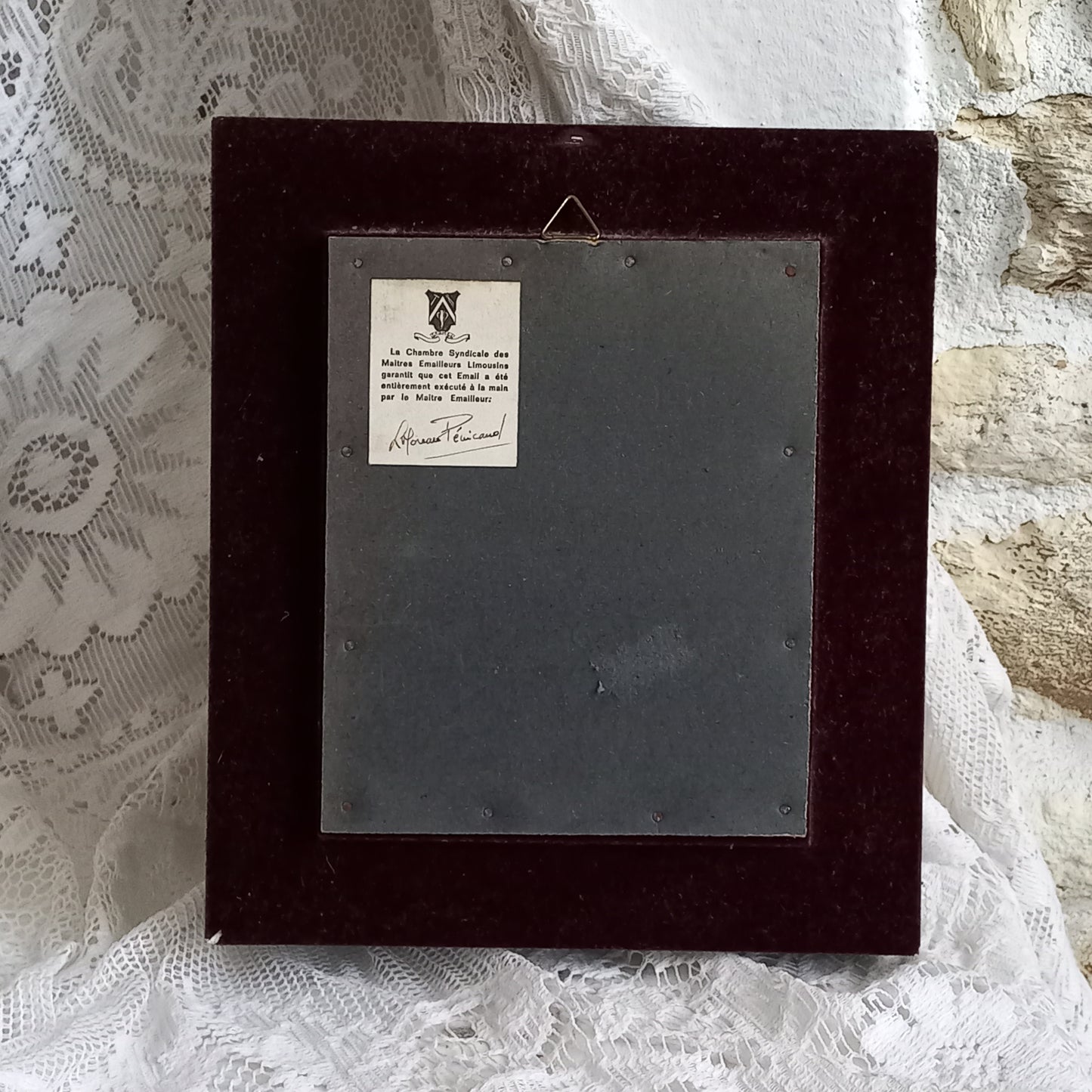 Peinture murale vintage française en émail faite à la main, paysage, signée par l'artiste