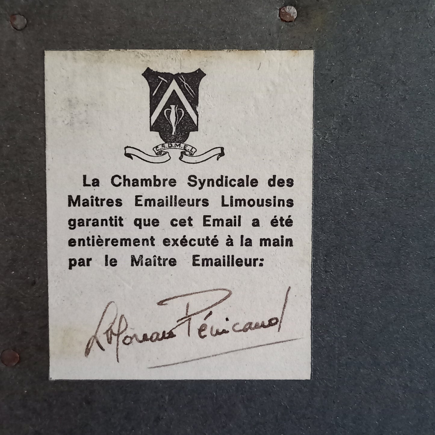 Peinture murale vintage française en émail faite à la main, paysage, signée par l'artiste