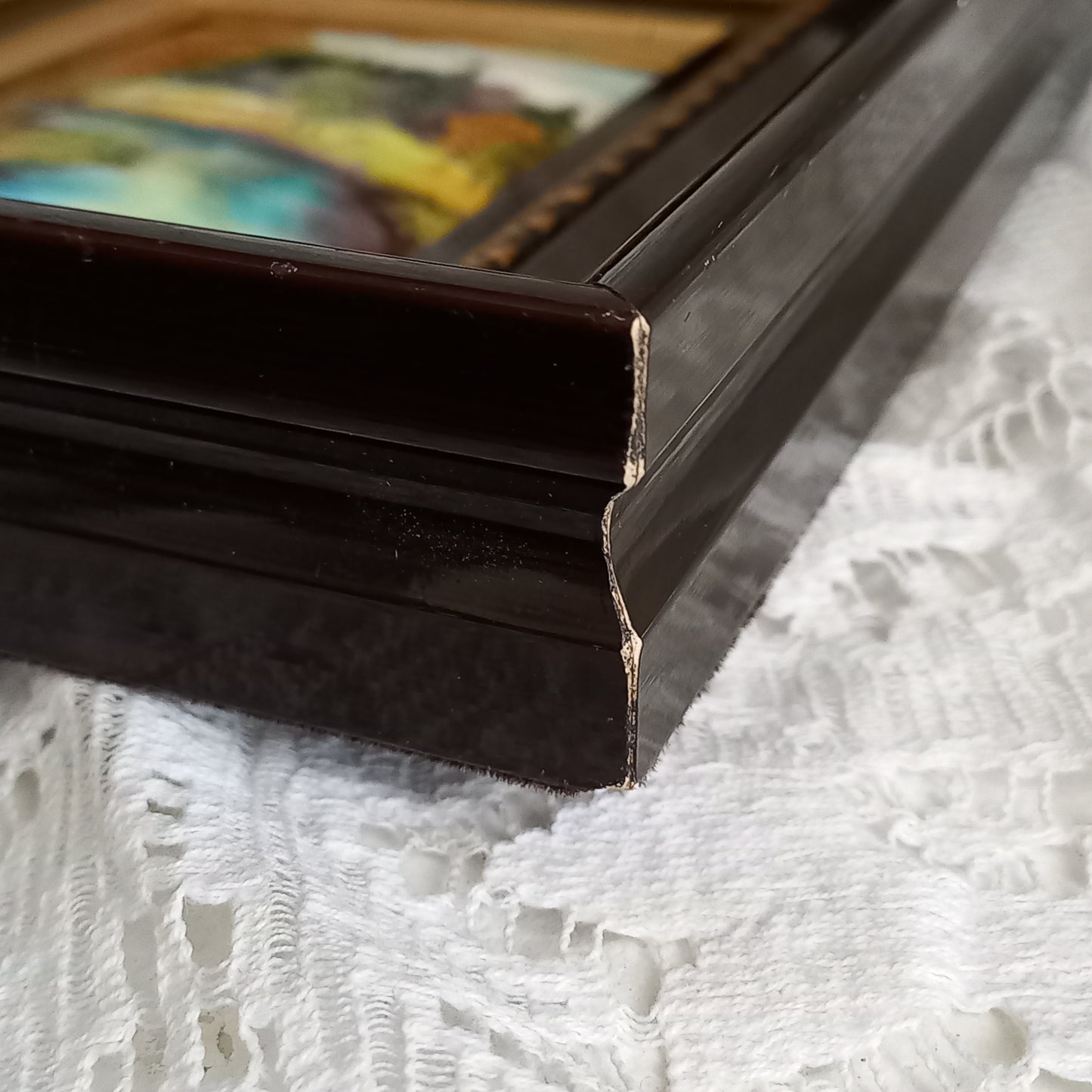 Peinture murale vintage française en émail faite à la main, paysage, signée par l'artiste