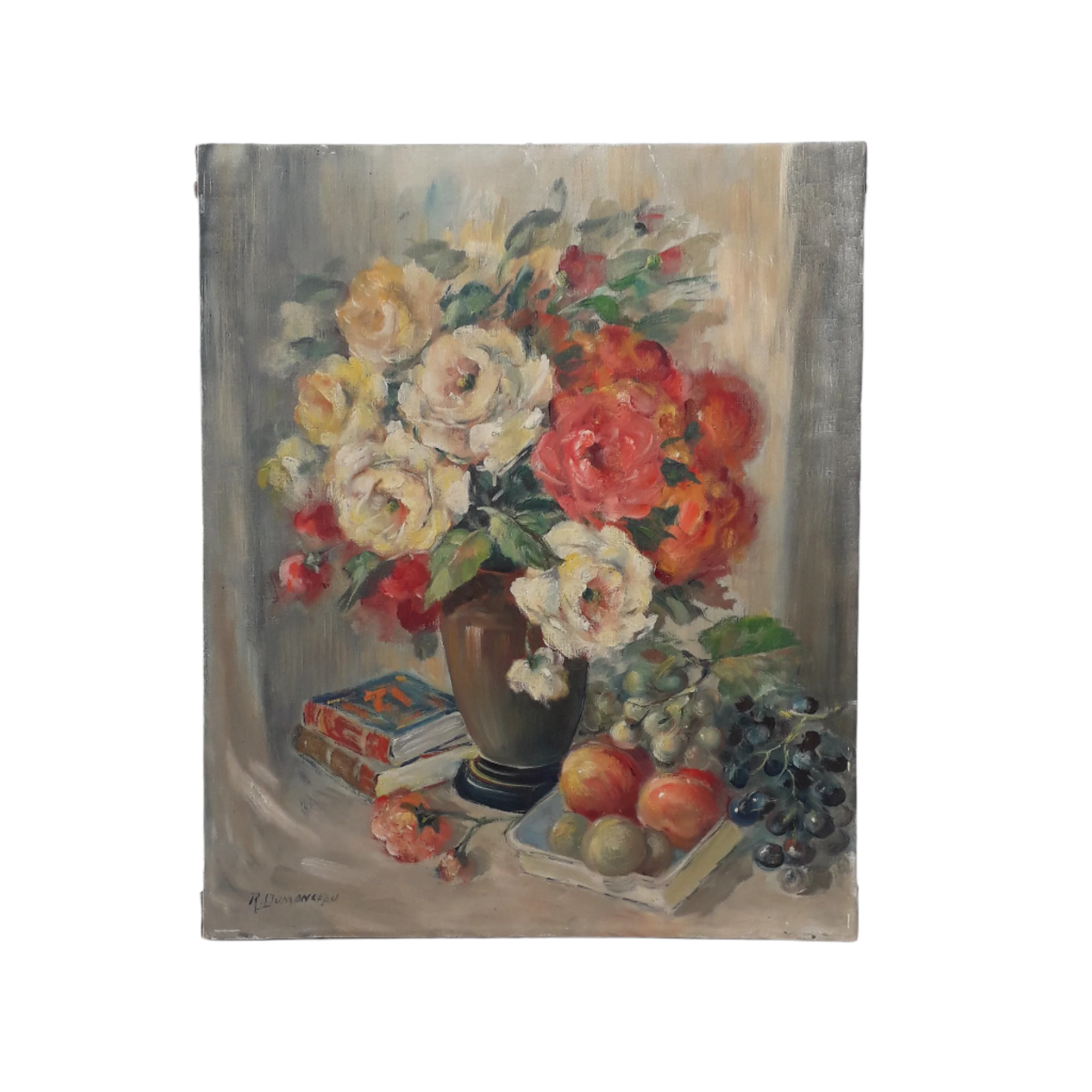 Peinture à l'huile florale vintage sur toile tendue, nature morte de fleurs antique belge
