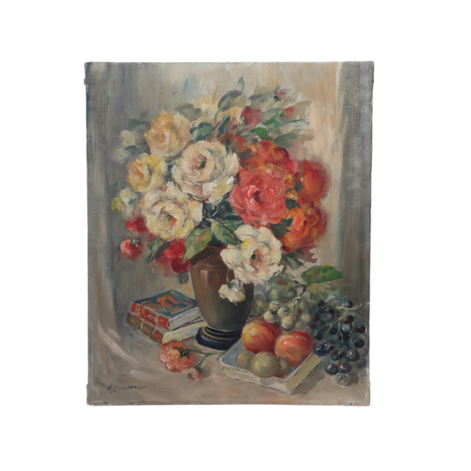 Peinture à l'huile florale vintage sur toile tendue, nature morte de fleurs antique belge