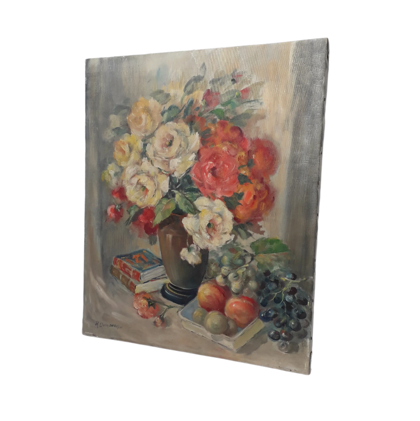 Peinture à l'huile florale vintage sur toile tendue, nature morte de fleurs antique belge