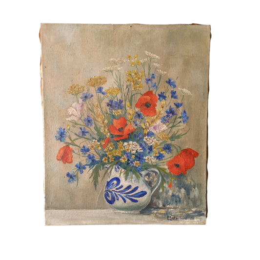 Grande nature morte florale vintage peinture à l'huile sur toile tendue de France, peinture de fleurs lumineuses et colorées, art floral