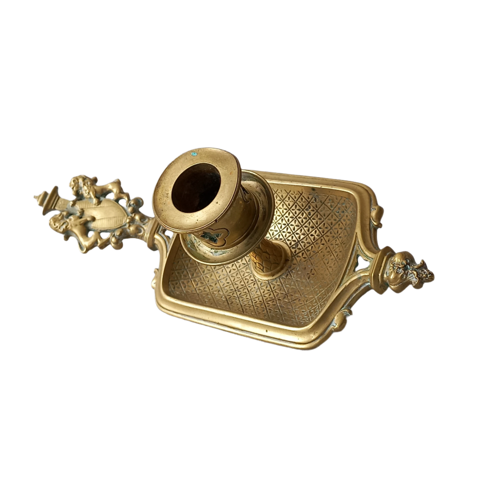 A French antique bronze/brass candle holder or chamber stick, a quality piece that is highly detailed with engraved patterns and a coat of arms with two lovely lions on the handle! This is a heavy piece for its small size and will make super home decor in any interior.