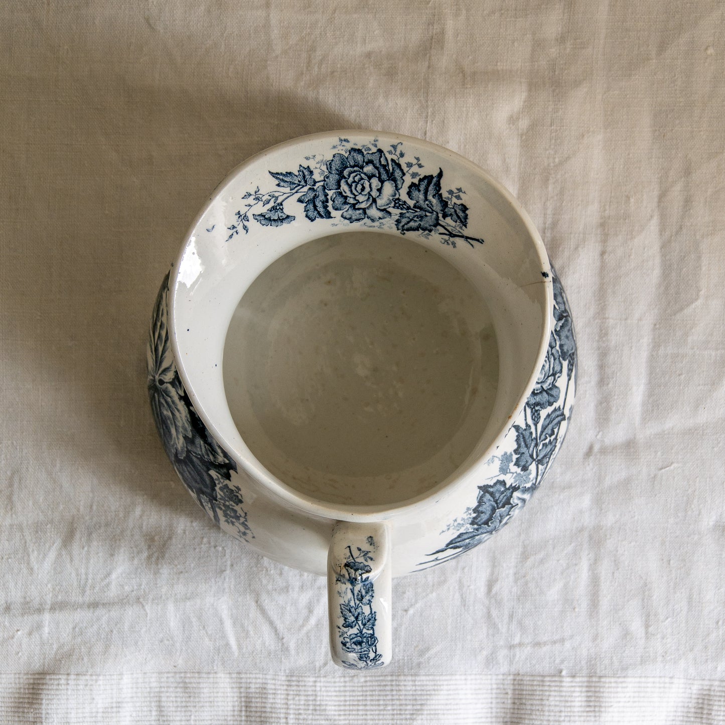 French Antique White Ironstone Jug Pitcher With Blue Floral Pattern